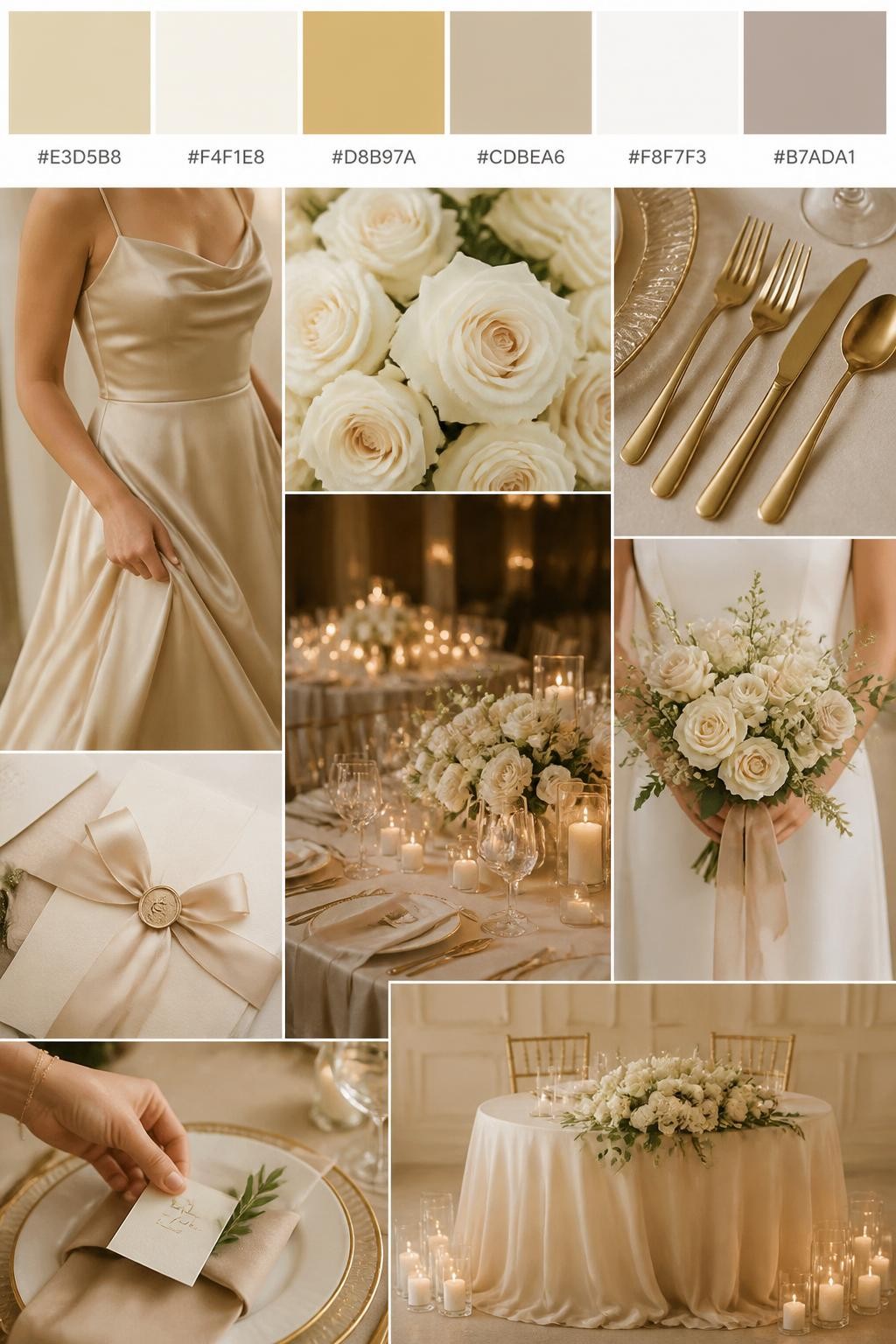 Image Prompt:
A realistic champagne wedding color palette mood board in a Pinterest-style collage layout. Add a top row of clean color swatches with small hex codes in champagne, ivory, soft gold, warm beige, pearl white, and pale taupe. Below the swatches, create a polished collage of wedding details: champagne bridesmaid dress fabric cropped from the neck down, ivory roses, soft gold flatware, candlelit reception tables, silk ribbon stationery, a bouquet held at waist level with no face visible, hands adjusting place cards, and a no-people sweetheart table scene. Use side views, back views, cropped detail shots, hands-only styling, and no-people scenes to avoid showing faces. Soft warm light, DSLR-style realism, 9:16 vertical format. No extra text except small hex codes on the palette strip. (no watermarks on images)