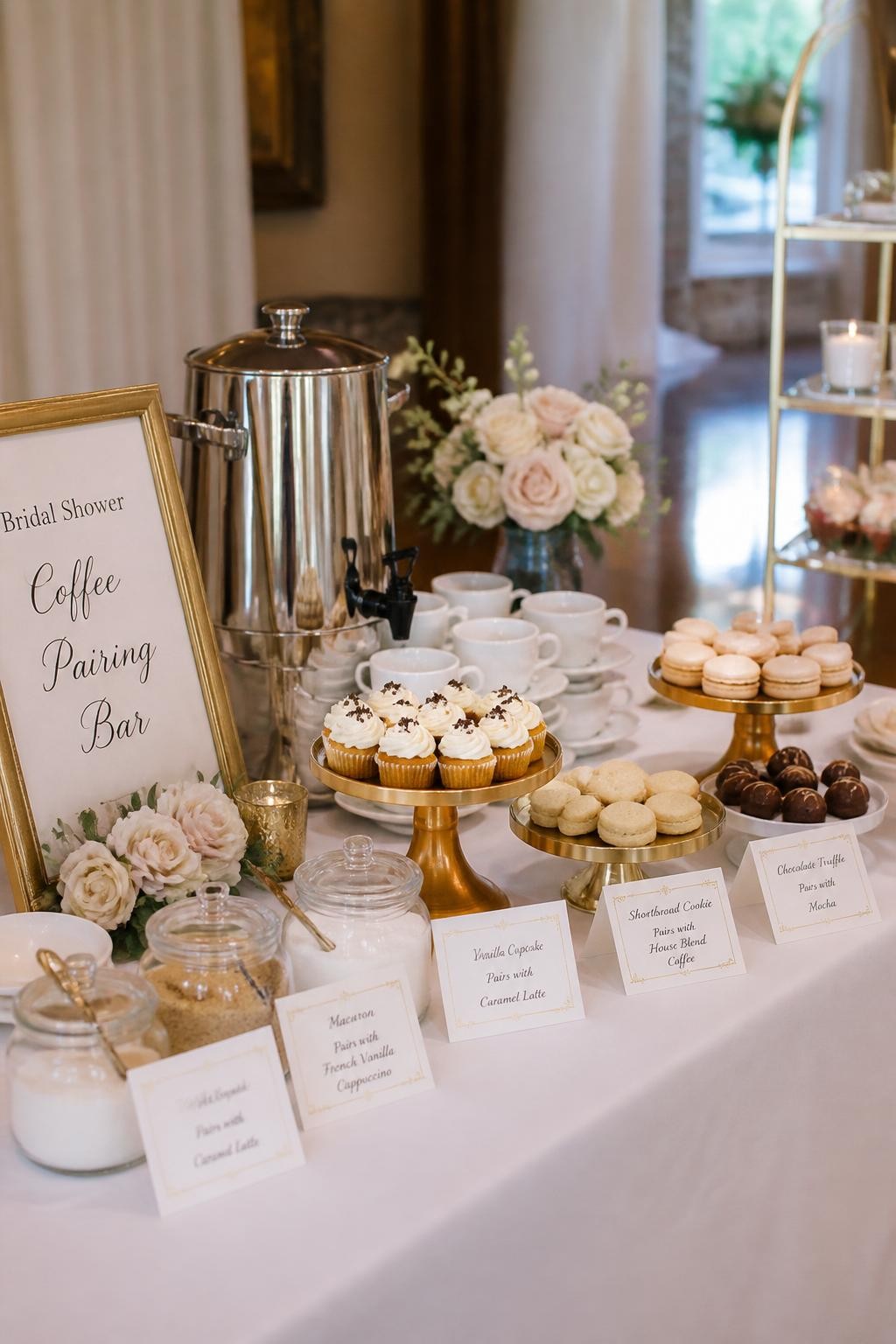 A realistic DSLR photo of a bridal shower dessert and coffee pairing bar, long white table with a coffee urn, white espresso cups, mini cupcakes, macarons, shortbread cookies, chocolate truffles, small pairing cards, glass jars of sugar, cream flowers, gold cake stands, soft warm event lighting, elegant realistic party decor, no people.