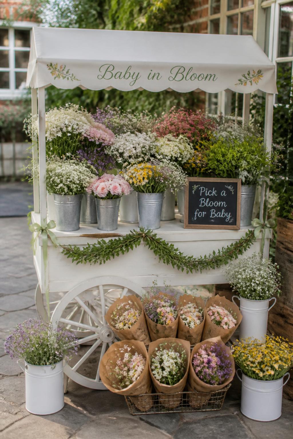 A realistic single-image baby shower flower market cart with a white wooden cart filled with buckets of locally grown wildflowers, soft pink, cream, yellow, and lavender flowers, kraft paper flower wraps, small chalkboard sign reading “Pick a Bloom for Baby,” pale green ribbon accents, garden patio setting, no people, no faces, bright natural light, editorial party decor photography, realistic floral textures, no watermarks on images