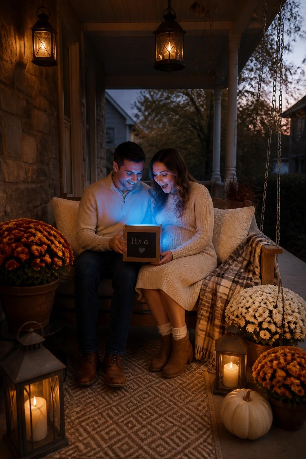 A realistic editorial photo of an October gender reveal on a cozy front porch at dusk, porch swing with cream pillows, plaid blanket, mums, lanterns, parents sitting together and opening a small keepsake box that glows in one reveal color, warm porch lights, intimate autumn home styling, vertical DSLR photography