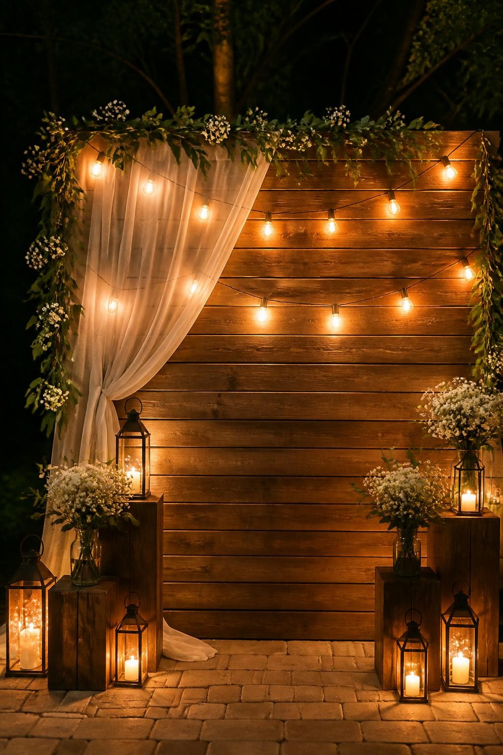 Image Prompt:
A single realistic editorial-style photo of a rustic party backdrop with warm string lights hanging across a wooden wall, sheer ivory fabric draped softly, greenery garland, small white flowers, lanterns at the base, wooden plinths, cozy evening event setting, no people, no faces, glowing warm lighting, realistic lifestyle event photography, no text, no watermark.