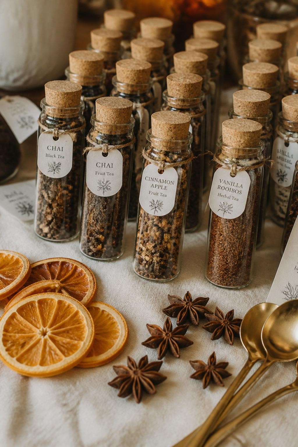 Realistic DSLR photo of slim glass tea tubes filled with loose-leaf chai, cinnamon apple tea, and vanilla rooibos, sealed with cork tops and tied with tiny paper tags, arranged in rows on a cream linen table beside dried orange slices, star anise, and gold teaspoons, elegant autumn tea favor setup.