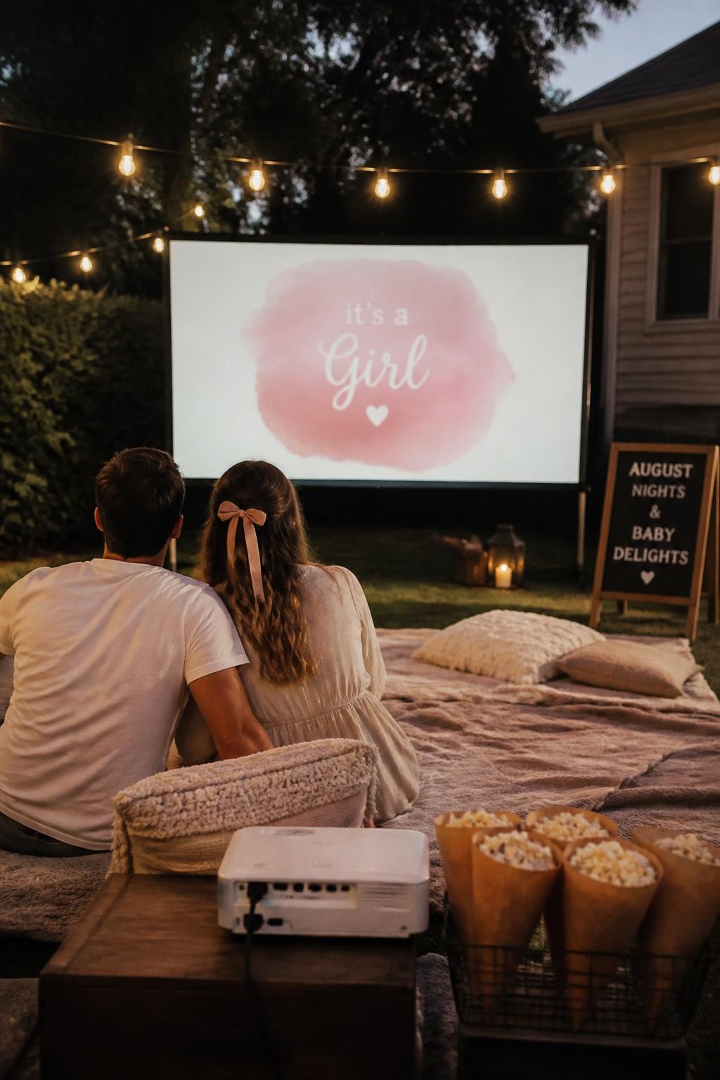 A realistic editorial photo of an August backyard gender reveal movie night, projector screen, blankets, floor cushions, popcorn cones, string lights, parents watching a short baby announcement film as the final frame reveals one color, warm summer night atmosphere, cinematic DSLR lifestyle photography