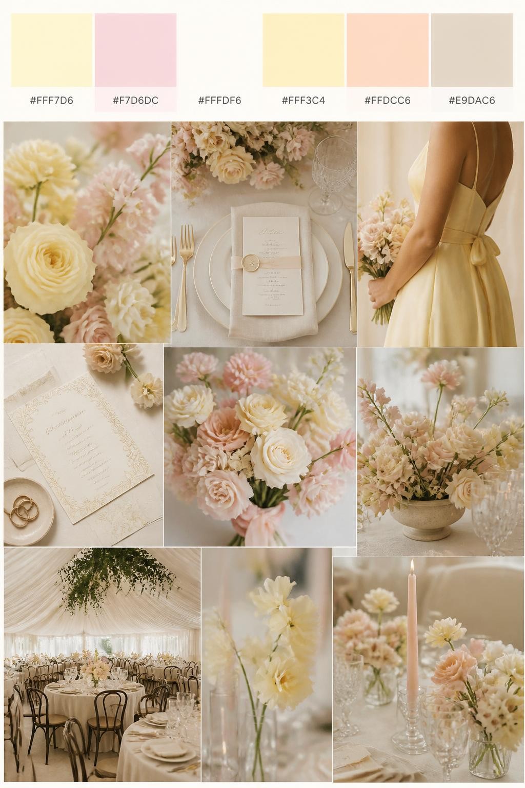 Image Prompt:
A realistic wedding mood board in a Pinterest-style collage layout. Add a top strip of swatches with small hex codes in pale yellow, blush pink, ivory, buttercream, soft peach, and warm beige. Below, create a romantic collage with pale yellow flowers, blush blooms, ivory table decor, menu cards, bouquet close-ups, a side-view body detail of a bridesmaid dress with no face shown, hands holding flowers, and no-people reception styling under soft natural light. Avoid clear faces completely by using cropped, turned-away, or detail-only compositions. DSLR-style realism, 9:16 vertical format. (no watermarks on images)