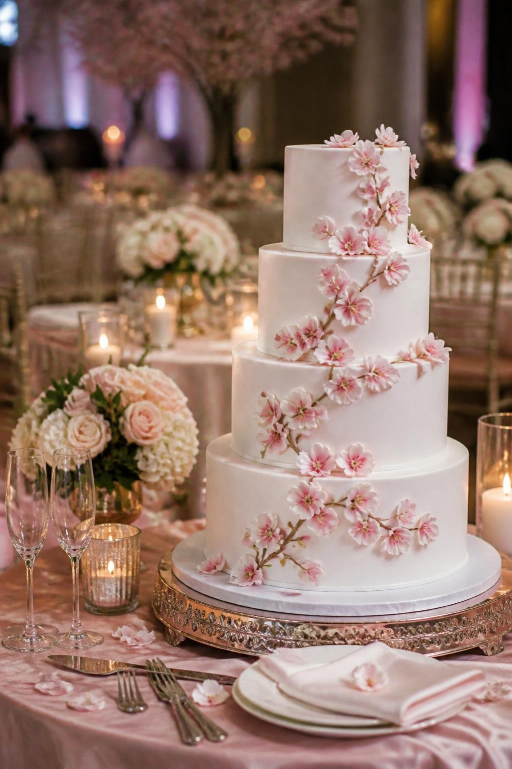 Image Prompt: Ultra-realistic wedding reception photo of a beautiful Japanese-inspired wedding cake with smooth white or ivory tiers decorated with delicate cherry blossoms in soft blush pink. The blossoms should be arranged gracefully across the tiers with a refined romantic finish. Place the cake on a beautifully styled wedding cake table in a real wedding party scene with candles, blush floral centerpieces, fine linens, glassware, and a softly blurred reception backdrop. Keep the cake as the clear main focus. No visible faces. If people appear, show only cropped hands, back views, side views, or neck-down figures. Realistic blossom petals, smooth icing texture, soft natural wedding lighting, DSLR editorial photography. (no watermarks on images)
