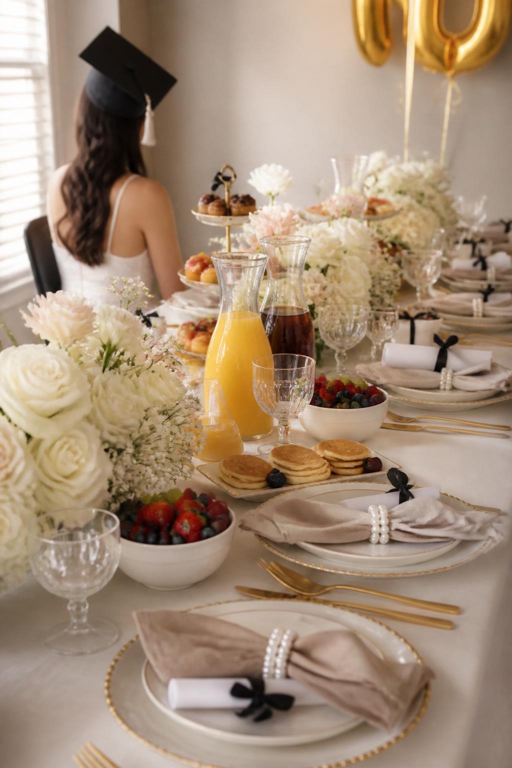 A realistic DSLR photo of a classy girl graduation brunch table with pearl-accent napkin rings, diploma-style rolled menus, soft ivory flowers, gold flatware, mini pancakes, fruit bowls, glass juice pitchers, and a graduate seated in the background with her face turned away and softly out of focus, bright morning light, elegant editorial party styling.