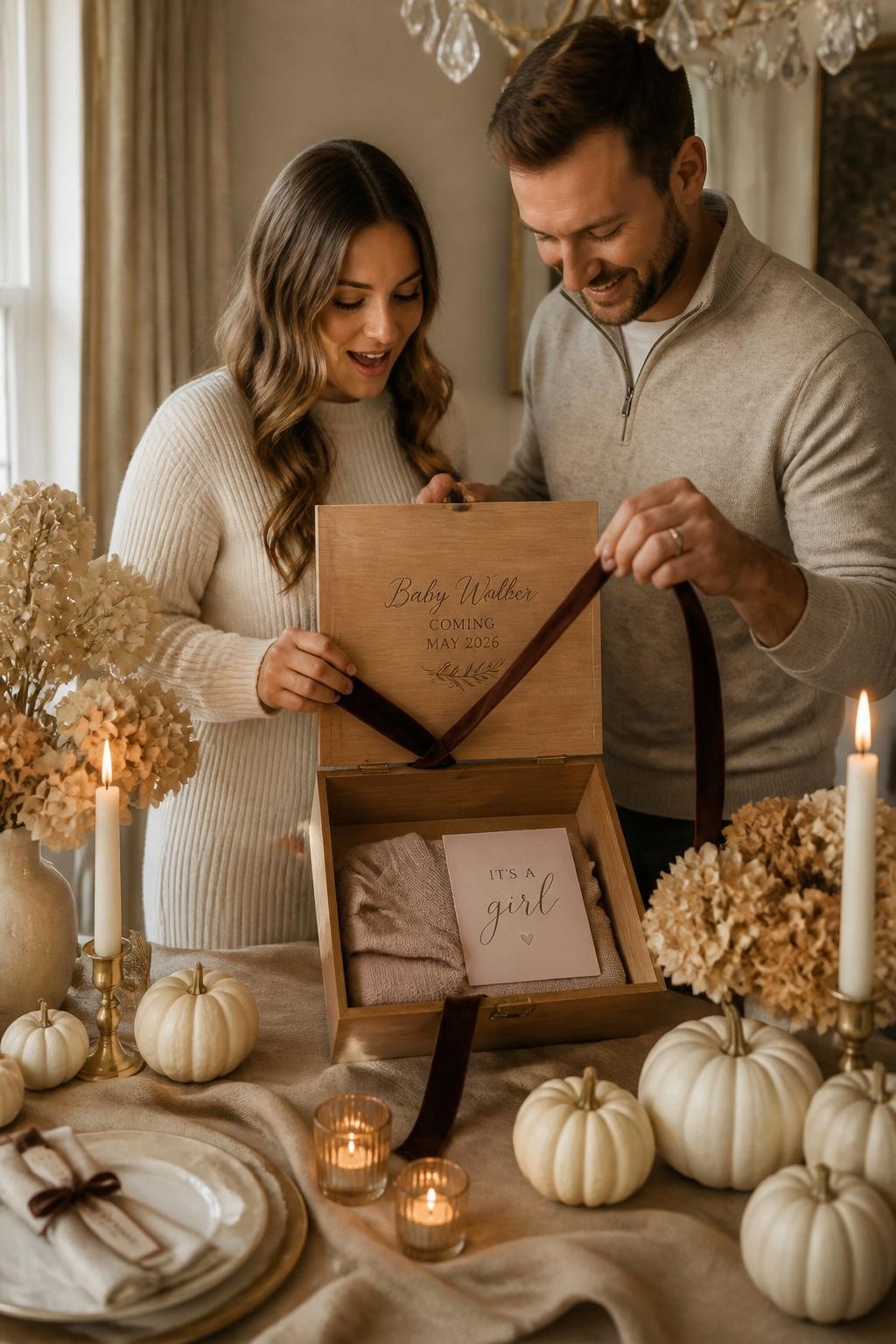 A realistic editorial photo of a chic November gender reveal table with muted cream pumpkins, dark velvet ribbon, wooden keepsake box, dried hydrangeas, candles, parents untying a velvet ribbon from the box to reveal a folded baby item and message card in one soft reveal color, warm elegant autumn lighting, vertical DSLR photography