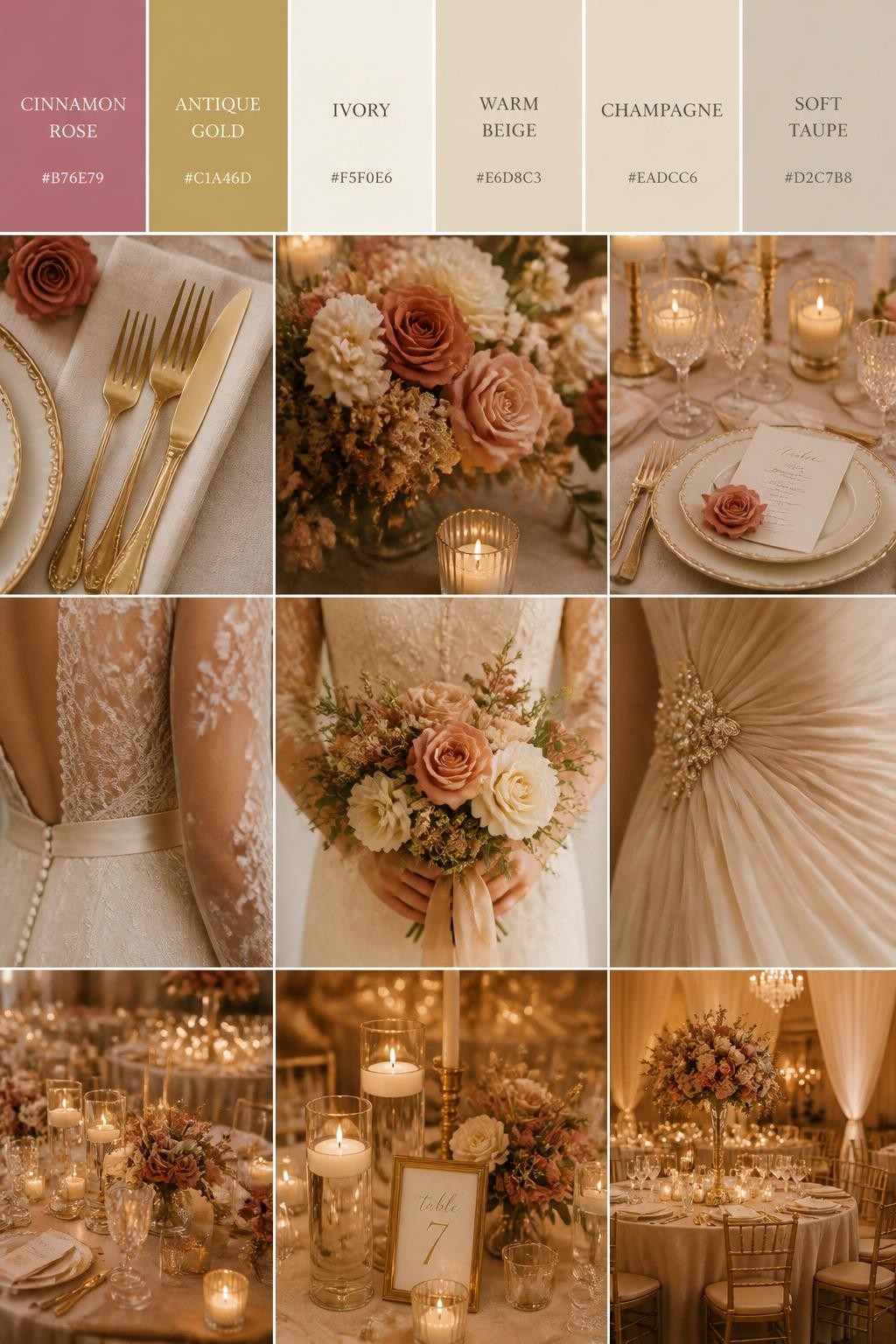Image Prompt:
A realistic wedding palette board featuring a top row of color swatches and hex codes in cinnamon rose, antique gold, ivory, warm beige, champagne, and soft taupe. Below, show a rich collage of wedding visuals: gold flatware, cinnamon rose flowers, ivory place settings, candlelit centerpieces, cropped dress detail shots, bouquet styling in hands-only composition, and no-people reception tables glowing in warm light. Avoid showing faces by using back angles, side crops, waist-up detail framing, and no-people scenes. The collage should feel warm, elegant, and romantic with DSLR-quality detail. 9:16 vertical format. (no watermarks on images)