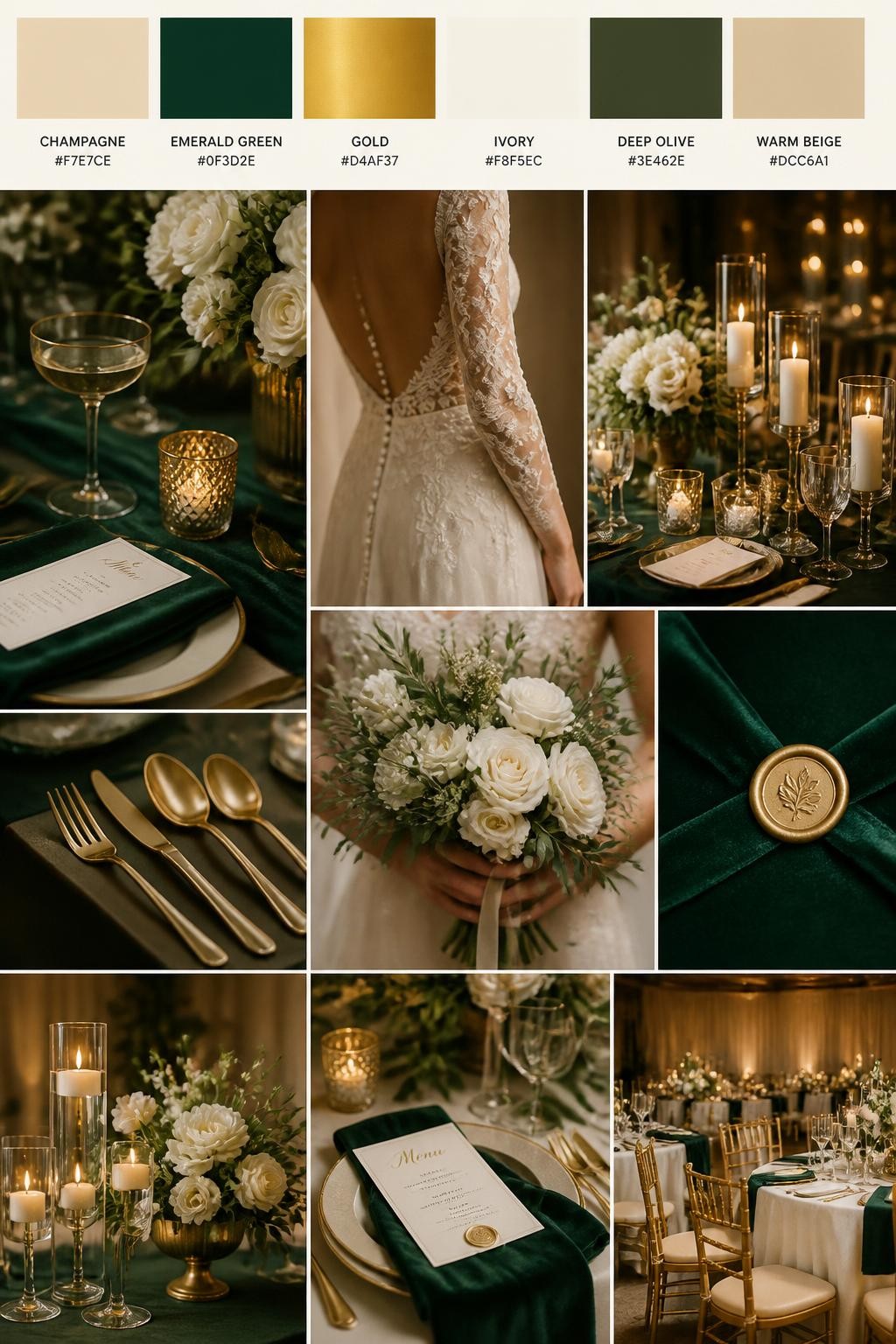 Image Prompt:
A realistic wedding palette board featuring a top row of color swatches and hex codes in champagne, emerald green, gold, ivory, deep olive, and warm beige. Below, show a rich collage of wedding visuals: emerald velvet accents, champagne glassware, gold flatware, ivory flowers, candlelit centerpieces, cropped dress detail shots, bouquet styling in hands-only composition, and no-people reception tables glowing in warm light. Avoid showing faces by using back angles, side crops, waist-up detail framing, and no-people scenes. The collage should feel rich, elegant, and romantic with DSLR-quality detail. 9:16 vertical format. (no watermarks on images)