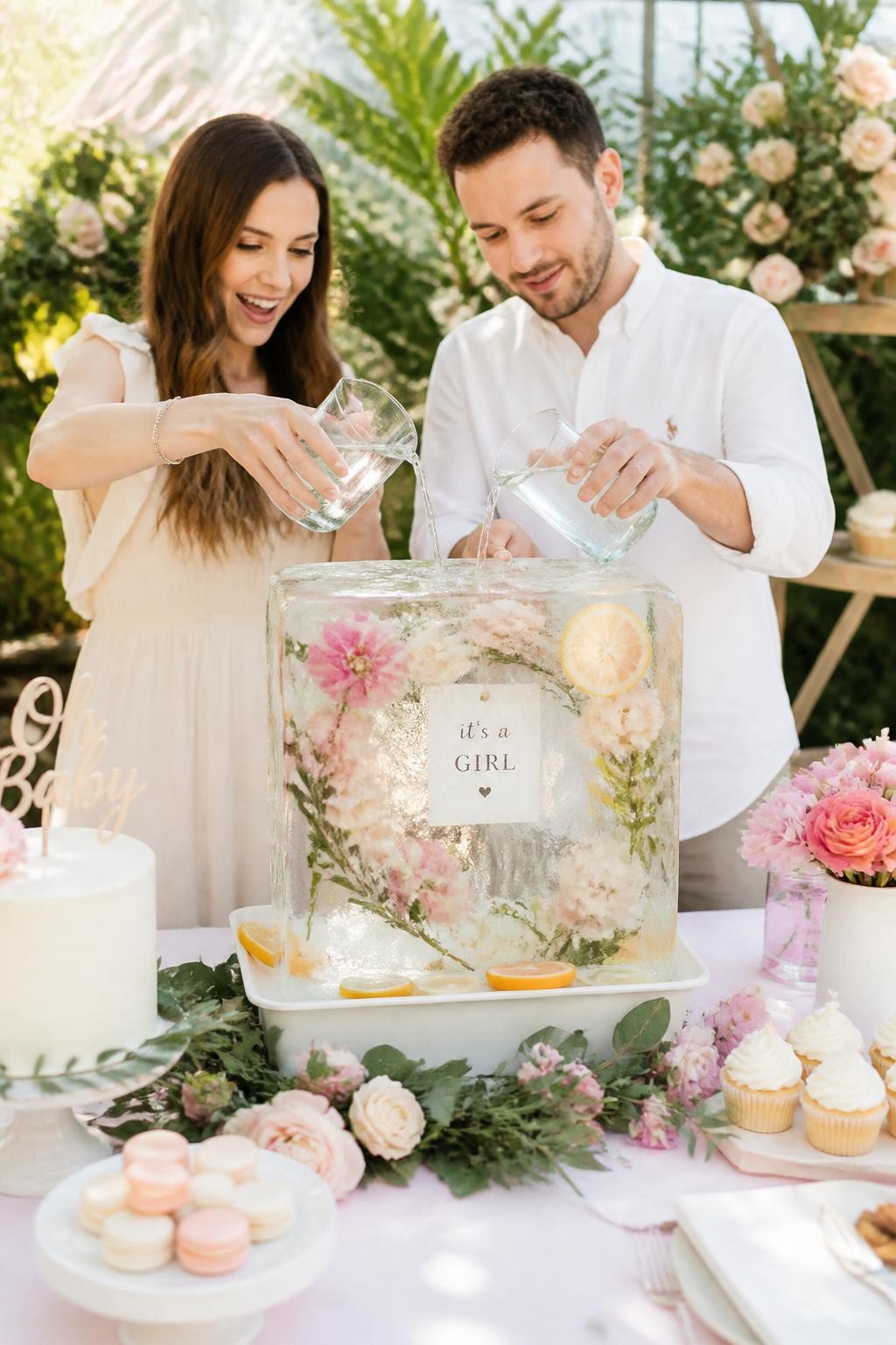 A realistic editorial photo of a creative August gender reveal dessert table with a clear ice block centerpiece, flowers and citrus frozen inside, parents pouring warm water over the ice to reveal a hidden baby message charm or color detail, summer garden party setting, bright natural light, DSLR photography