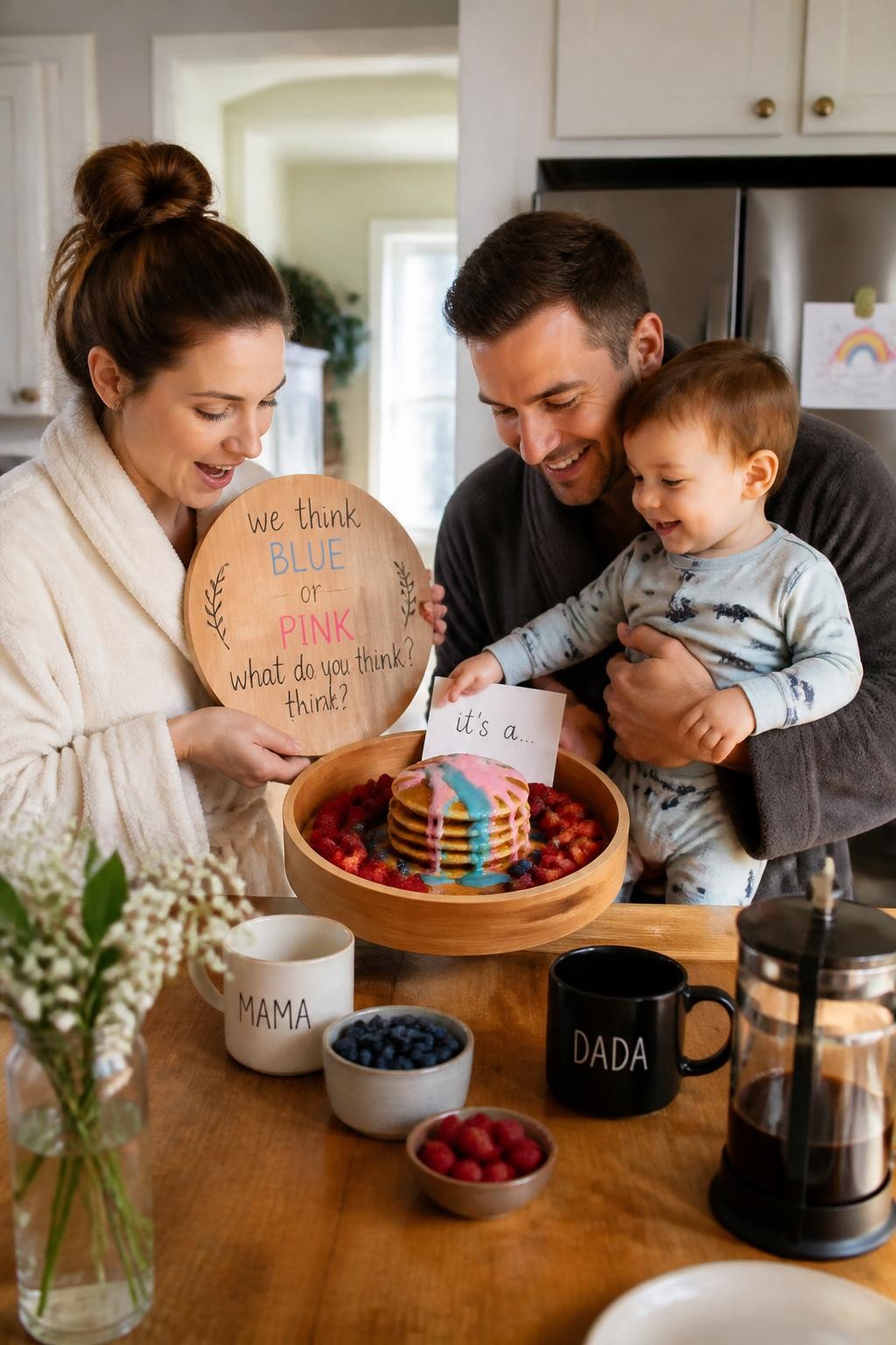 A realistic editorial photo of a cozy morning gender reveal at home, kitchen breakfast table with pancakes, fruit, mugs, soft robes and pajamas, parents opening a breakfast tray with hidden reveal color details, colored syrup drizzle or tiny folded card, morning sunlight, warm family atmosphere, natural DSLR photography, vertical composition