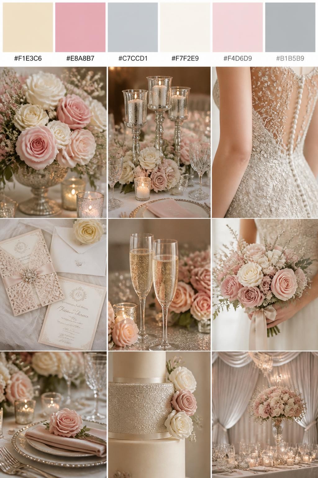Image Prompt:
A realistic wedding inspiration collage with a top color strip showing hex-coded swatches in champagne, rose pink, silver, ivory, pale blush, and soft gray. Below the palette strip, create a realistic wedding mood board with rose pink flowers, silver candle holders, champagne glassware, invitation flat lays, cropped dress detail shots, hands holding a bouquet, and no-people decor scenes in soft natural light. Use back views, side views, shoulder-down crops, and detail-only shots so no full faces are visible. The mood should feel soft, polished, romantic, and elegant with DSLR-style realism. 9:16 vertical format. (no watermarks on images)
