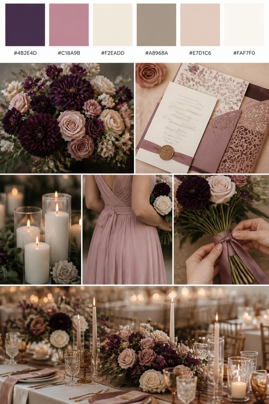 Image Prompt:
A realistic wedding inspiration mood board with a top row of swatches and small hex codes in eggplant purple, dusty rose, cream, warm taupe, blush beige, and ivory. Under the palette strip, show a polished collage of eggplant flowers, dusty rose blooms, cream candles, elegant paper goods, a cropped bridesmaid dress image from the neck down, hands tying ribbon around a bouquet, and a romantic reception table with warm glowing accents. Use only back views, side views, detail crops, and no-people decor scenes to avoid face issues. DSLR-style realism, 9:16 vertical format. (no watermarks on images)