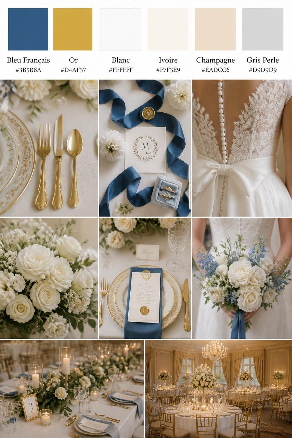 Image Prompt:
A realistic wedding palette board featuring a top row of color swatches and hex codes in French blue, gold, white, ivory, champagne, and pale gray. Below, show a refined collage of wedding visuals: gold flatware, French blue ribbon, white flowers, polished place settings, cropped dress detail shots, bouquet styling in hands-only composition, and no-people reception tables glowing in warm light. Avoid showing faces by using back angles, side crops, waist-up detail framing, and no-people scenes. The collage should feel classic, elegant, and romantic with DSLR-quality detail. 9:16 vertical format. (no watermarks on images)