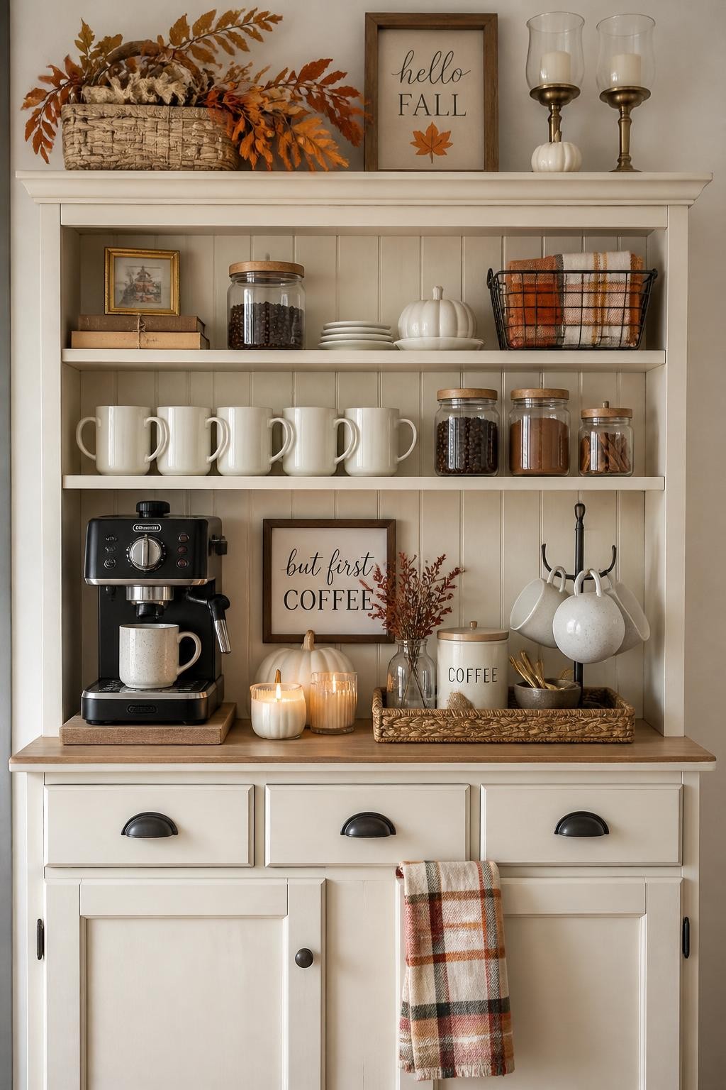 A realistic DSLR photo of a well-styled coffee bar hutch decorated lightly for fall, cream hutch with open shelves, compact coffee machine, white mugs, glass jars of coffee beans and cocoa, small cinnamon sticks, mini ceramic pumpkins, warm plaid napkins, tiny framed seasonal print, soft natural daylight, cozy home kitchen styling, no people.
