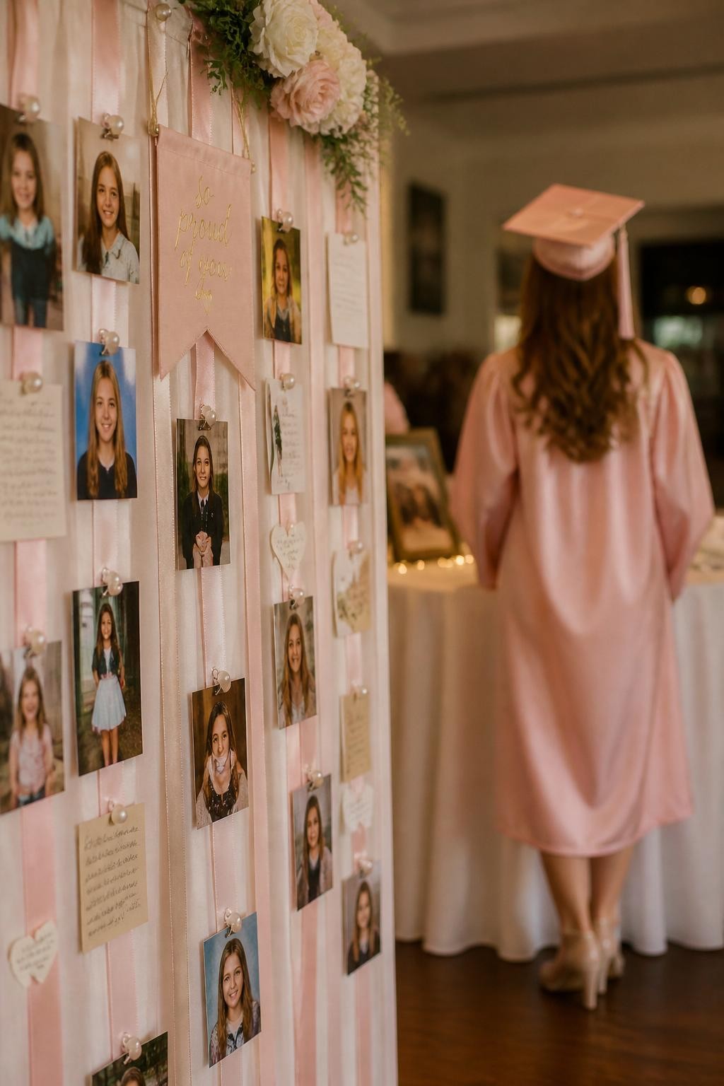 A realistic DSLR photo of a pink graduation memory ribbon wall with blush ribbons hanging vertically, clipped school photos, senior portraits, small handwritten notes, pearl pins, soft flowers, and a graduate standing in the background with her back turned and slightly out of focus, warm natural light, emotional realistic party styling.