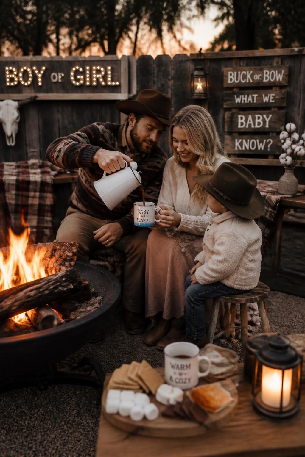 A realistic editorial photo of a cozy western gender reveal by a small outdoor fire pit, plaid blankets, enamel mugs, wood stools, lanterns, s'mores board, soft western decor, parents pouring warm cocoa into a special mug with a hidden reveal color detail at the bottom, dusk lighting, DSLR lifestyle photography