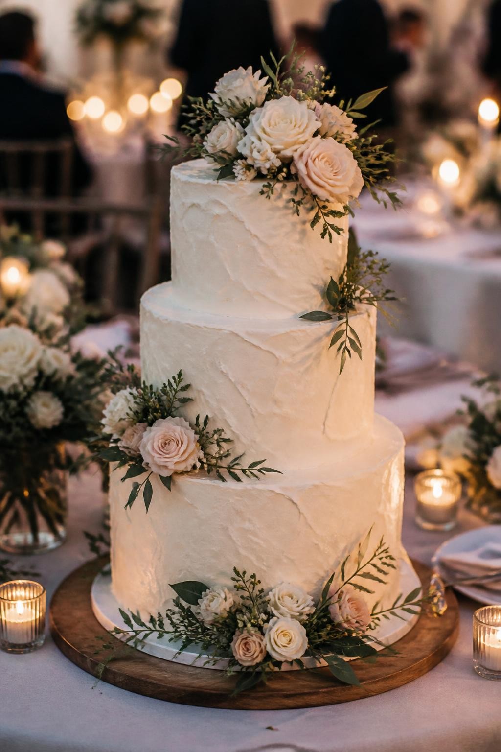 Image Prompt: Ultra-realistic wedding reception photo of a textured buttercream wedding cake with visible palette-textured icing, soft floral clusters, and fresh greenery placed in a natural meadow-inspired way. Display the cake at a real wedding party scene with candles, floral arrangements, linen-covered tables, and warm romantic lighting. The cake should be in sharp focus, with the reception softly blurred behind it. No visible faces. If people appear, show only blurred back views, cropped hands, or neck-down figures. Detailed buttercream texture, realistic fresh flowers, DSLR wedding editorial style. (no watermarks on images)