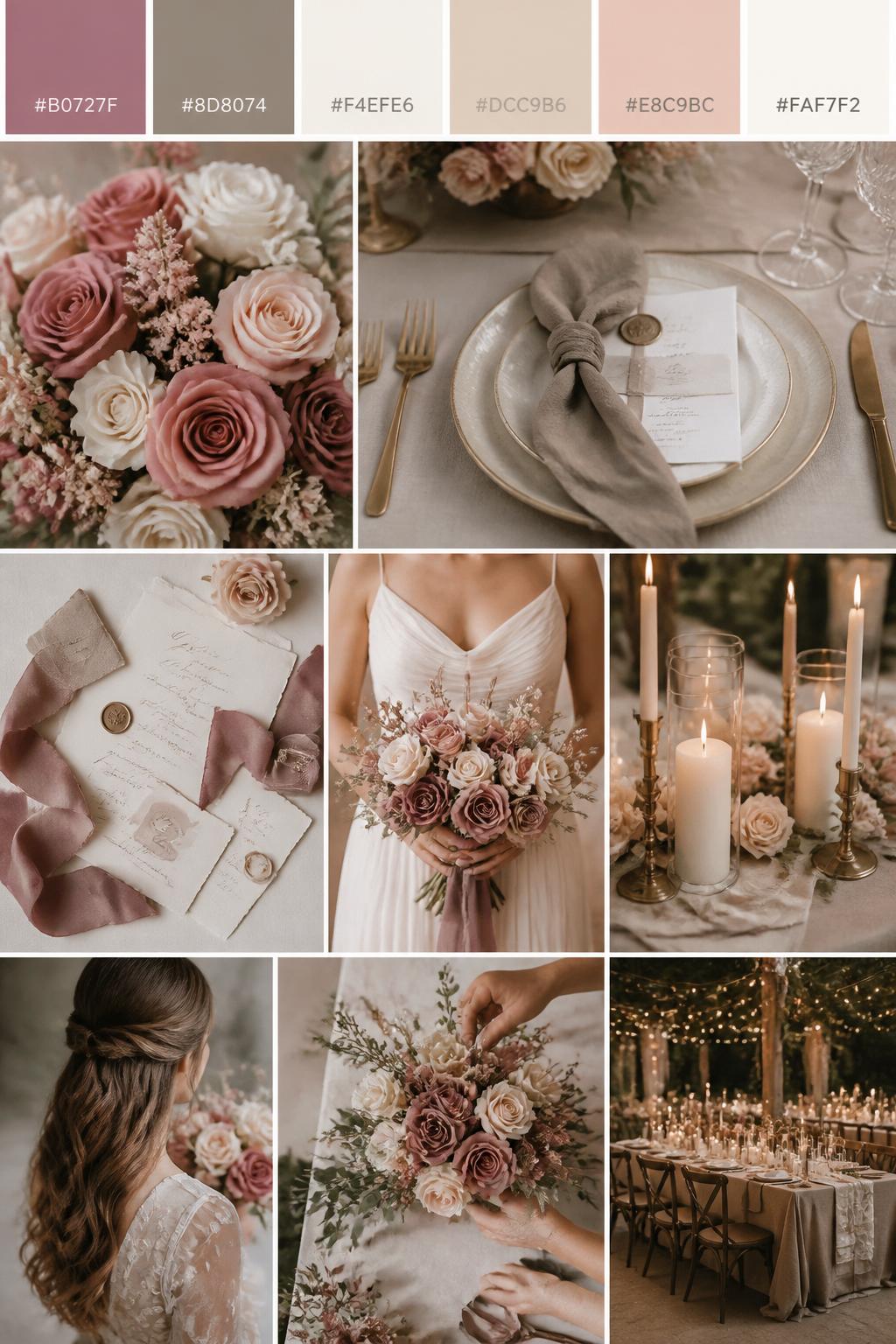 Image Prompt:
A realistic wedding inspiration mood board with a top strip of swatches and hex codes in dusty rose, taupe, cream, warm beige, blush nude, and ivory. Below, create a polished collage with dusty rose flowers, taupe linens, cream candles, elegant table settings, silk ribbon stationery, a cropped dress shot from below the chin, hands arranging flowers, and candlelit garden reception decor. Use a mix of no-people flat lays, bouquet close-ups, back-view styling, and side-angle detail photos with no visible full faces. The mood should feel soft, elegant, warm, and romantic with realistic DSLR photo quality. 9:16 vertical format. (no watermarks on images)