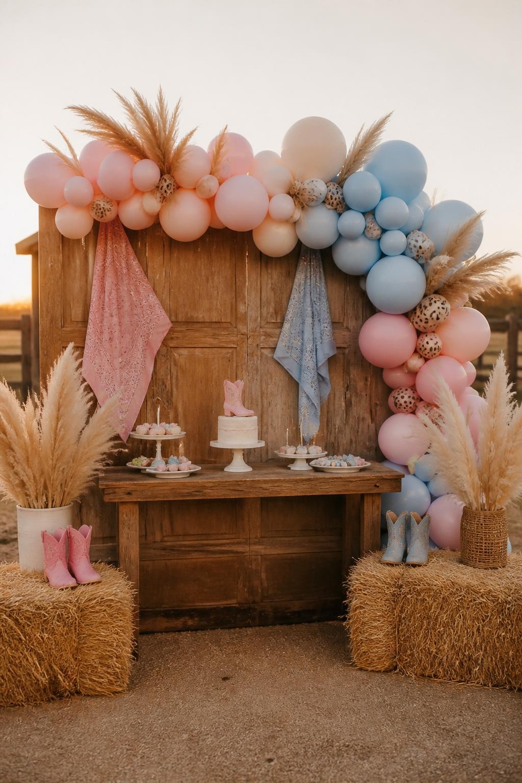 Image Prompt:
A single realistic photo of a western-inspired gender reveal backdrop with a rustic wooden backdrop wall, blush pink and soft blue balloon garland, small cowboy boots in pink and blue placed on hay bales, cream pampas grass, bandana-print fabric accents, a wooden dessert table in front, warm outdoor ranch-style setting, no people, no faces, golden hour lighting, realistic party photography, no text, no watermark.