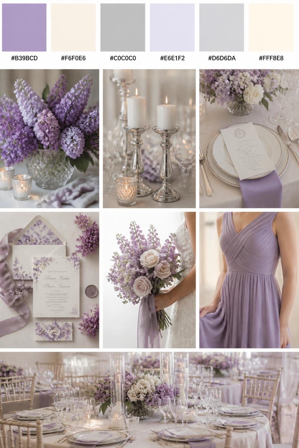 Image Prompt:
A realistic Pinterest-style wedding palette board with a top row of swatches and hex codes in lilac, cream, silver, pale lavender, soft gray, and ivory. Below the swatches, create a refined wedding collage with lilac flowers, silver candle holders, cream table styling, elegant place settings, romantic stationery, a side-view bouquet shot, a bridesmaid dress detail cropped below the shoulders, and a no-people reception setup with soft floral styling. Use varied no-face compositions, including hands-only details, back-view styling, side-view crops, and no-people decor scenes. DSLR photo realism, 9:16 vertical format. (no watermarks on images)