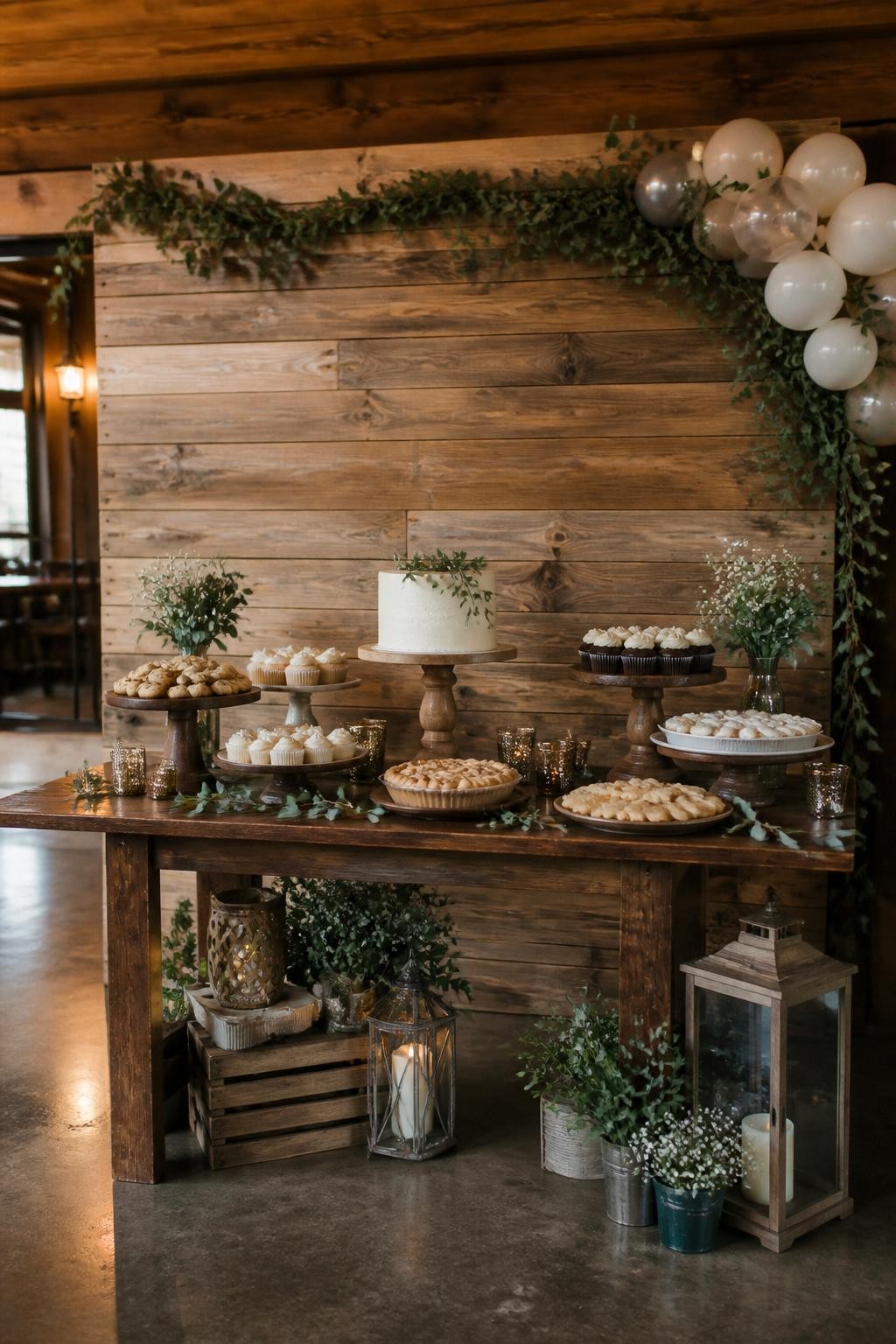 Image Prompt:
A single realistic editorial-style photo of a rustic dessert table backdrop with a warm wooden plank wall, greenery garland, neutral balloon accents, a styled dessert table with cake, cupcakes, cookies, and pies on wooden stands, lanterns and crates at the base, cozy indoor event space, no people, no faces, realistic food and event photography, no readable text, no watermark.