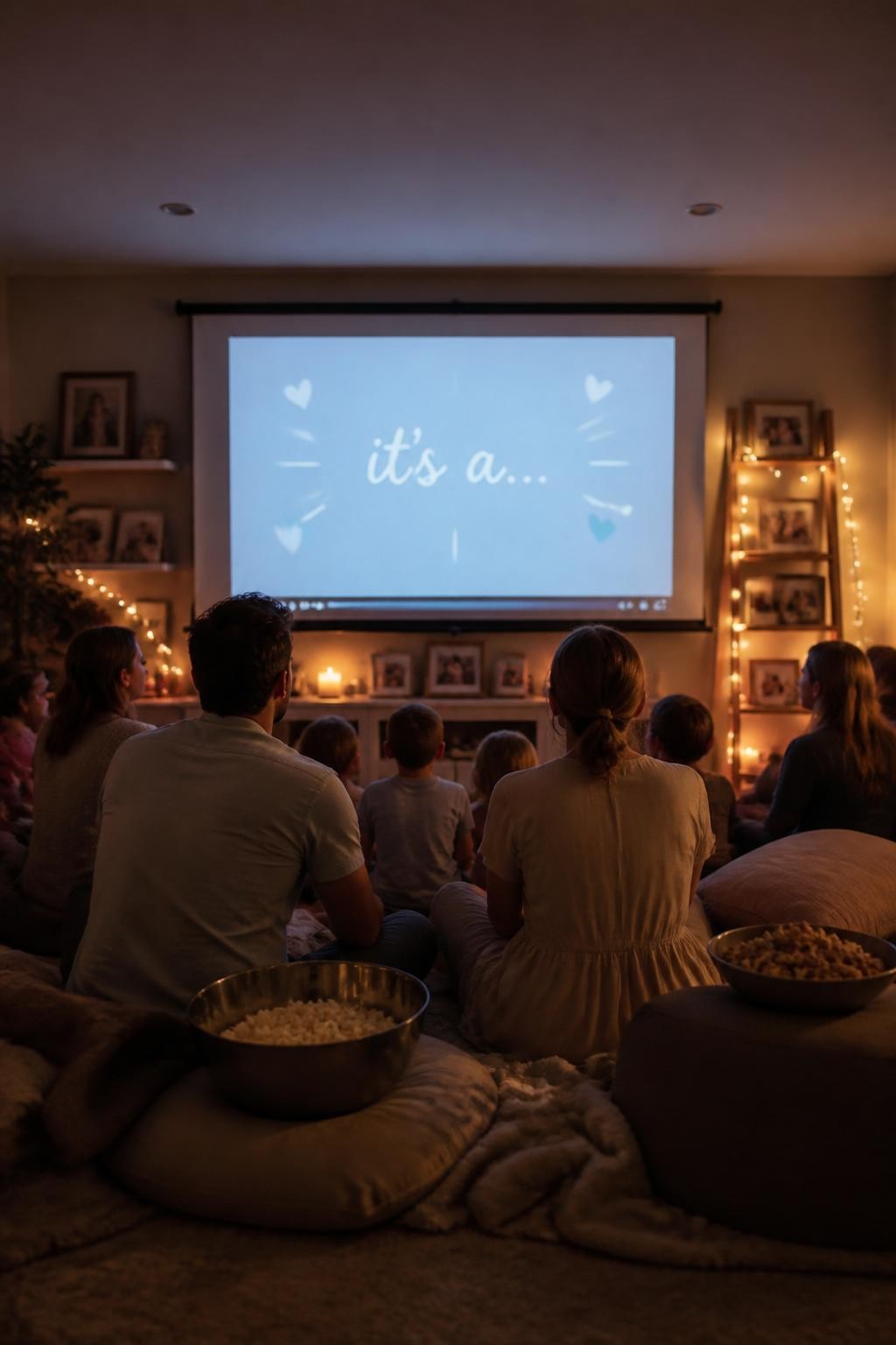 A realistic editorial photo of a cozy intimate gender reveal movie night, projector screen, floor cushions, popcorn bowls, soft blankets, parents and family watching a short family film, final frame glowing in one reveal color, warm dim lighting, cinematic lifestyle photography