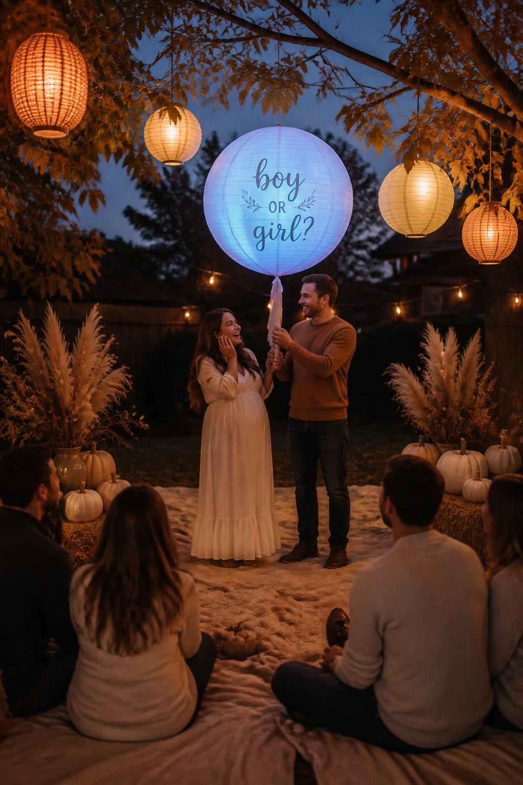 A realistic editorial photo of a backyard October gender reveal at dusk, lanterns hanging from tree branches, cream blankets, dried grasses, soft pumpkins, parents standing under a round glowing harvest moon lantern that changes to one reveal color, guests seated nearby, warm cinematic autumn atmosphere, DSLR lifestyle photography