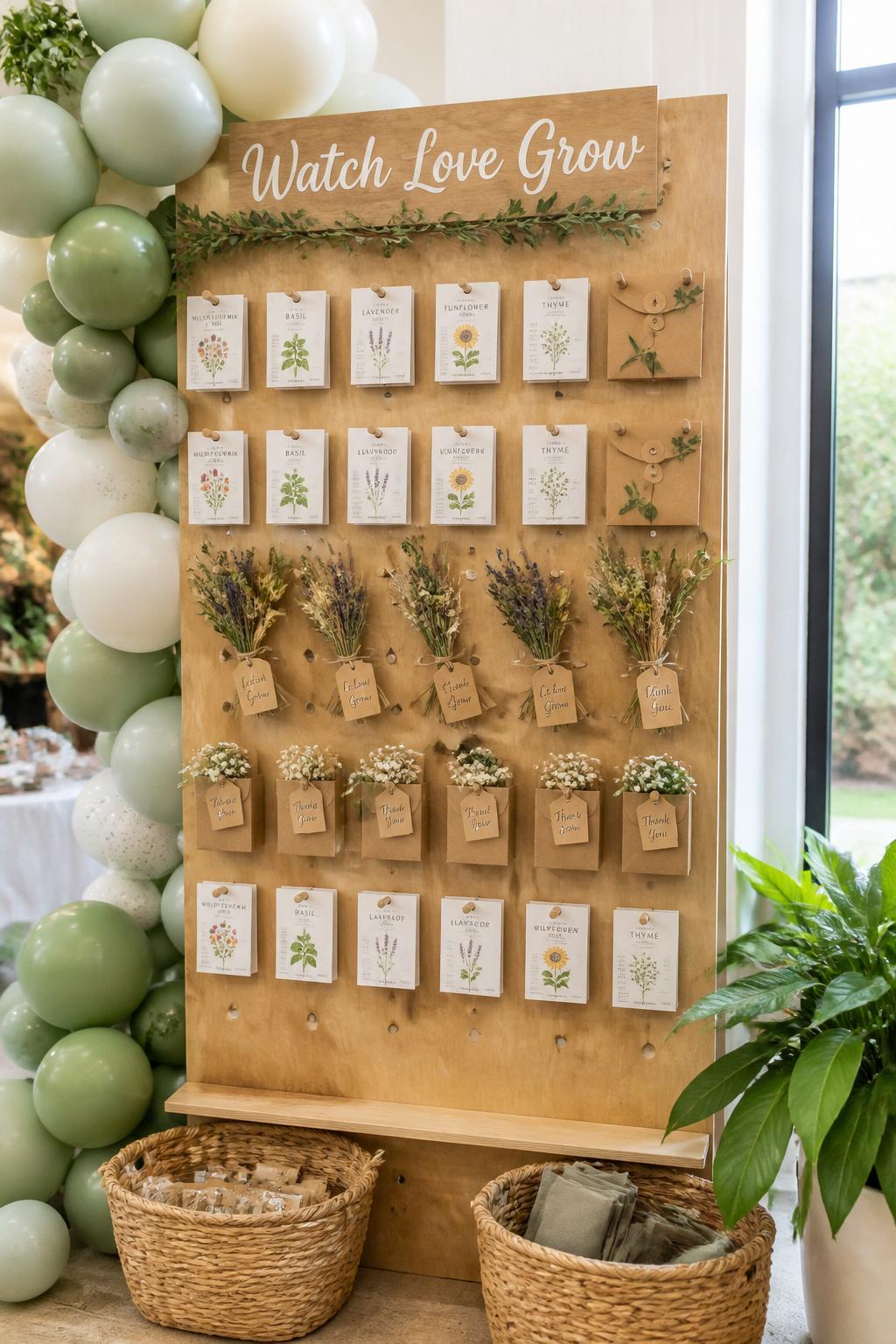 A realistic single-image baby shower favor wall with a wooden pegboard holding small seed packets, mini envelopes, dried flower bundles, and tiny kraft tags, sign at the top reading “Watch Love Grow,” soft sage and cream balloon accents on one side, woven baskets at the bottom, bright indoor garden party setting, no people, no faces, realistic editorial decor photography, clean natural light, no watermarks on images