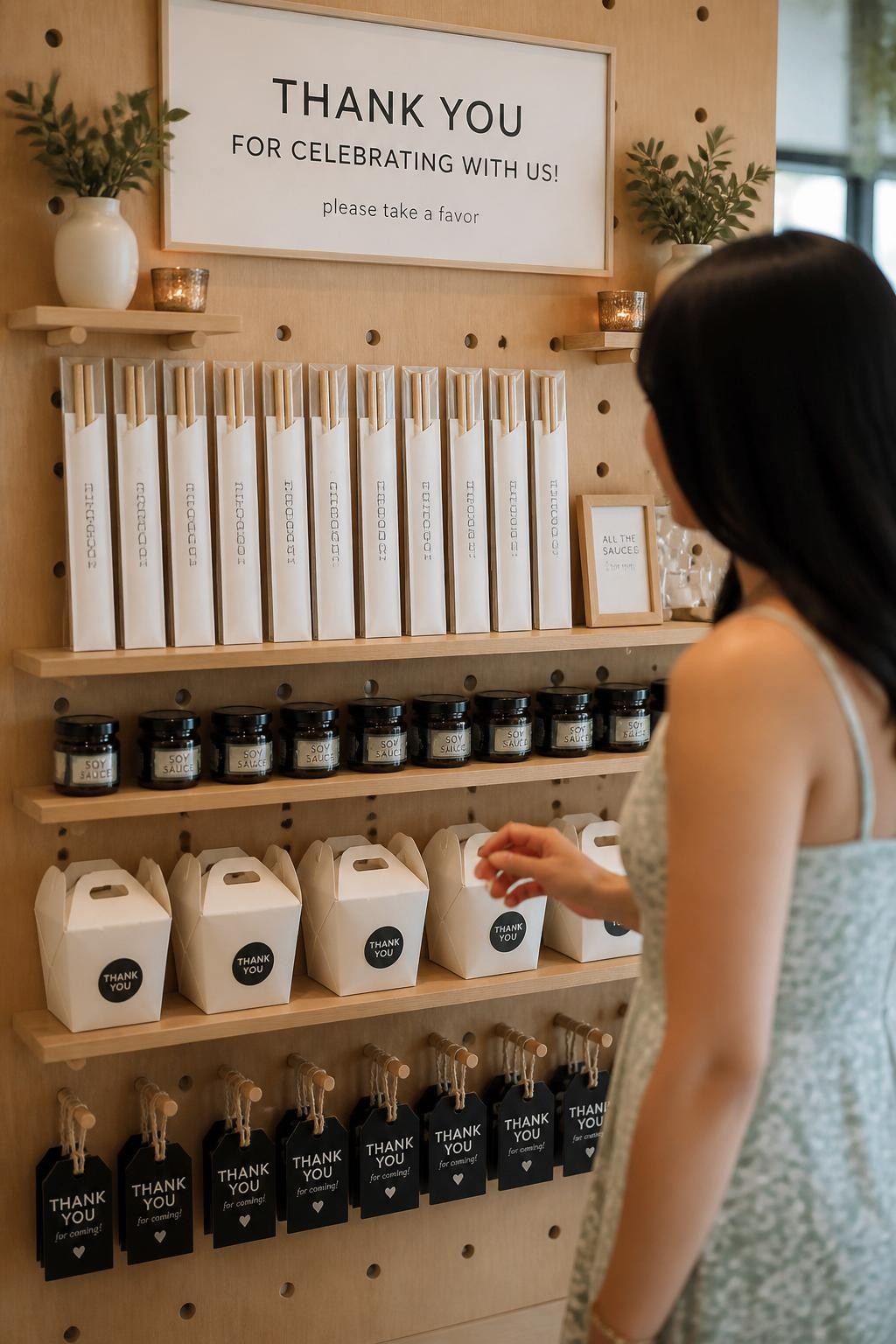 Image Prompt:
A realistic DSLR photo of a party favor wall with neatly displayed chopstick sets, mini sauce jars, folded treat boxes, and small thank-you tags, clean wood backdrop, one guest blurred while browsing the display, modern and thoughtful party styling.