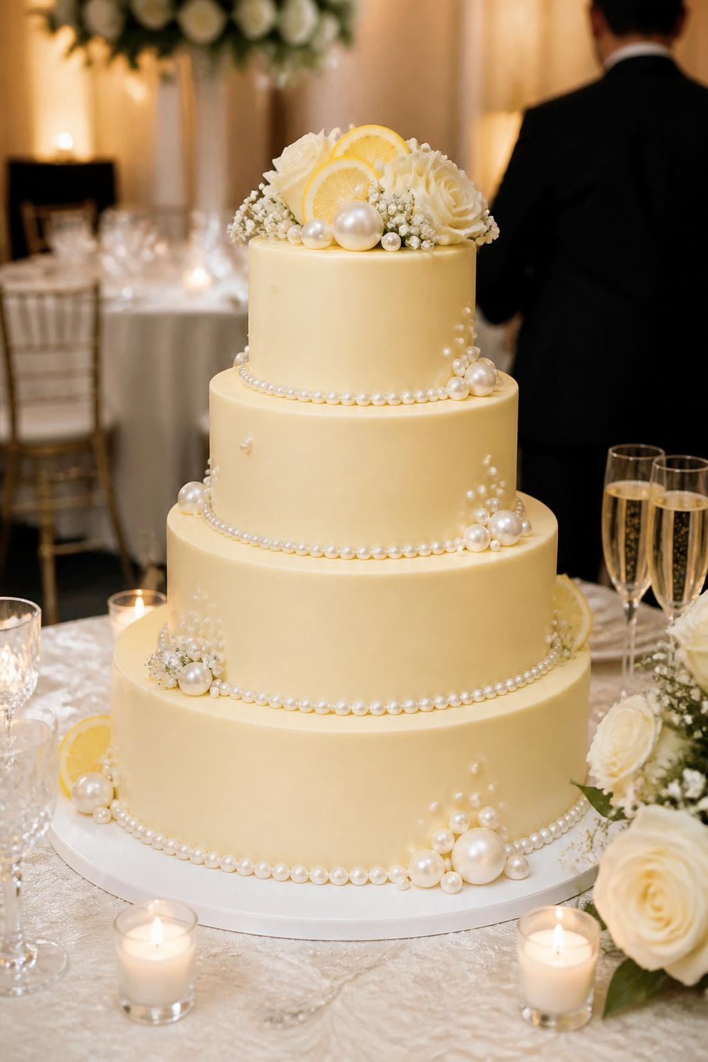 Image Prompt: Ultra-realistic wedding reception photo of a lemon and pearl wedding cake with smooth pale lemon tiers, delicate pearl borders, pearl clusters, and a refined bridal finish. Style the cake on an elegant wedding cake table with candles, white roses, crystal glassware, champagne flutes, fine linens, and a softly blurred reception backdrop. Keep the cake as the clear main focus. No visible faces. If people appear, show only cropped hands, side views, back views, or neck-down figures. Realistic pearl shine, smooth icing texture, soft lemon tone, romantic DSLR lighting. (no watermarks on images)