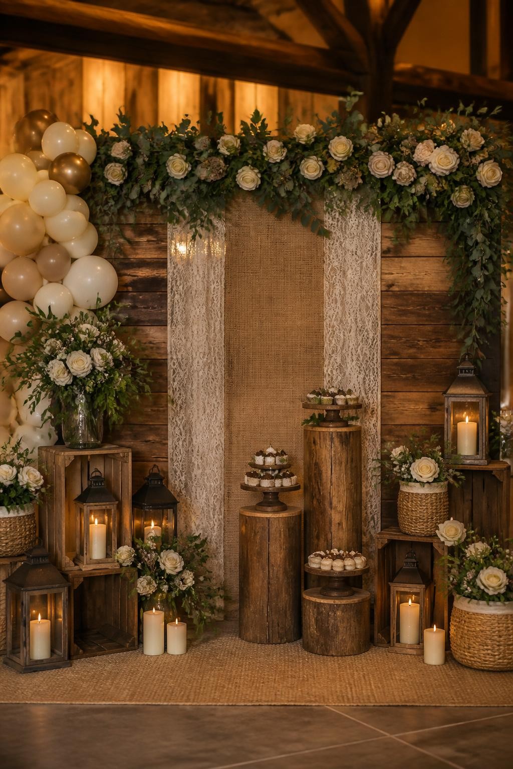 Image Prompt:
A single realistic editorial-style photo of a full rustic event backdrop with layered wooden panels, greenery garlands, ivory flowers, neutral balloons, burlap fabric, lace accents, lanterns, wooden crates, candles, woven baskets, and small dessert plinths, cozy indoor barn-style event venue, no people, no faces, warm soft lighting, realistic high-quality event photography, no text, no watermark.