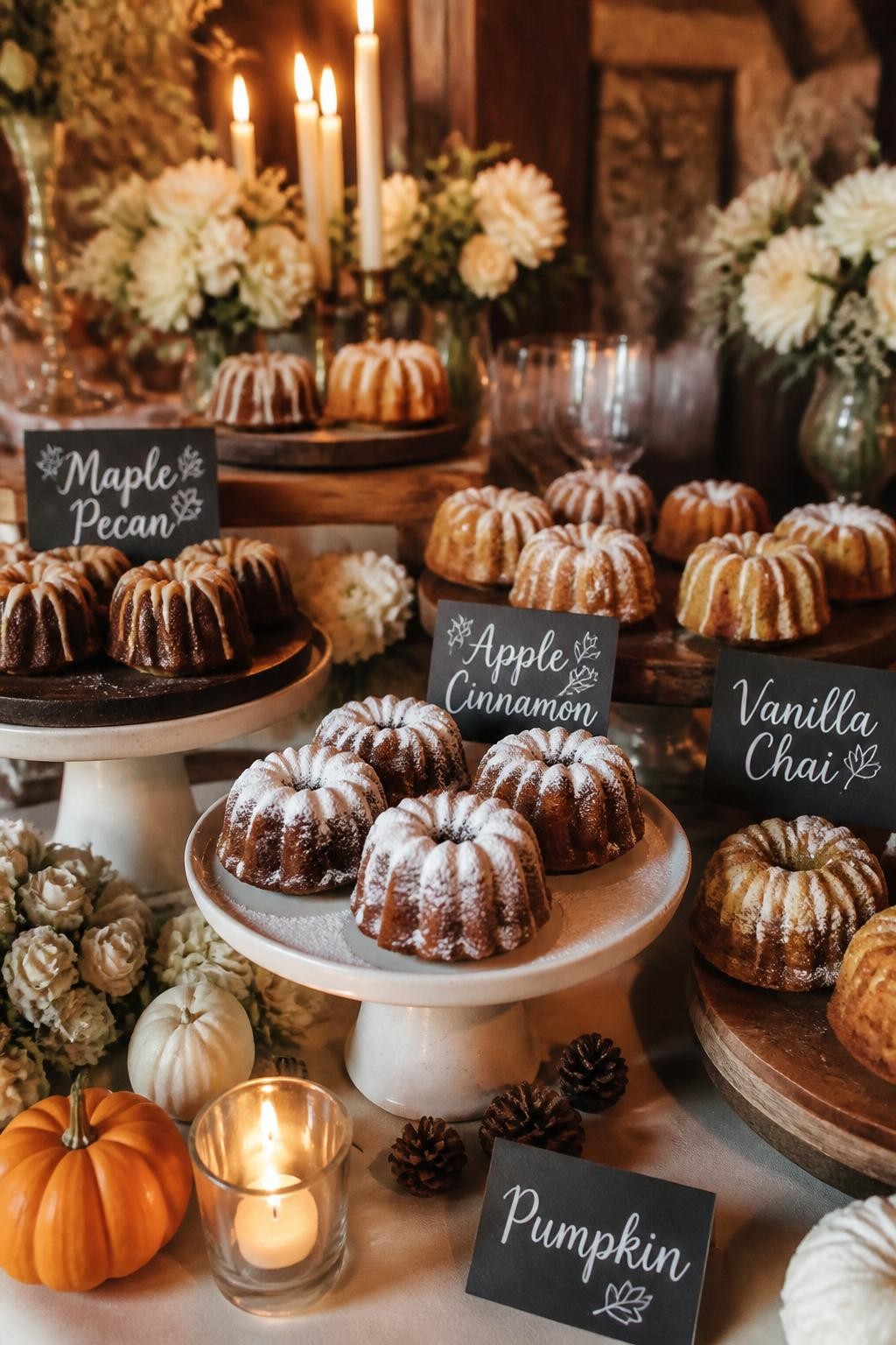 Realistic DSLR photo of a fall wedding dessert table with mini bundt cakes in flavors like maple pecan, apple cinnamon, pumpkin, and vanilla chai, each dusted with powdered sugar or glaze, displayed on ceramic cake stands and wood boards, surrounded by tiny pumpkins, cream flowers, and warm candlelight.