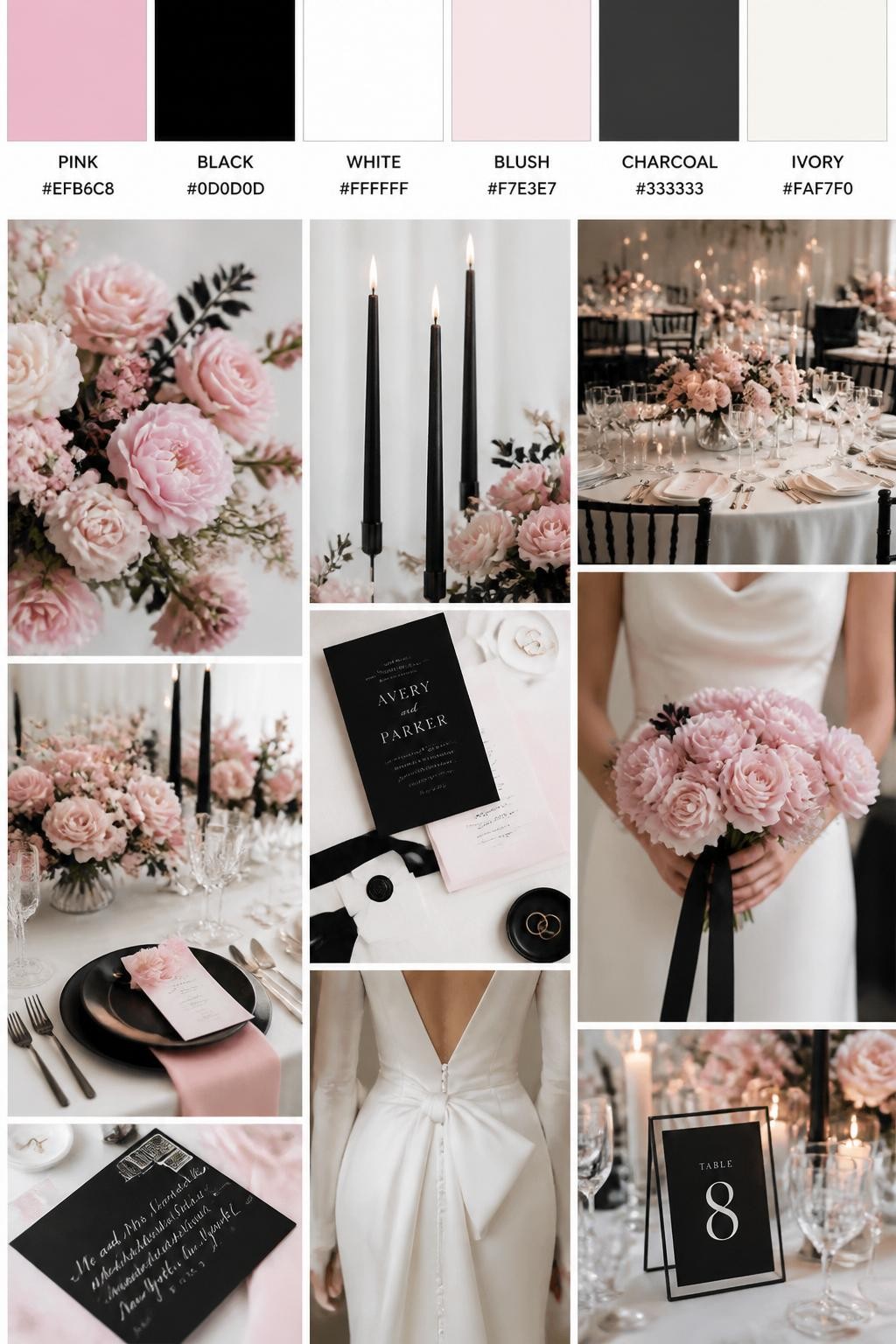 Image Prompt:
A realistic wedding palette board featuring a top row of color swatches and hex codes in clear pink, black, white, soft blush, charcoal, and ivory. Below, show a modern collage of wedding visuals: pink flowers, black taper candles, white linens, sleek table settings, modern stationery, cropped dress detail shots, bouquet styling in hands-only composition, and no-people reception tables glowing in soft light. Avoid showing faces by using back angles, side crops, waist-up detail framing, and no-people scenes. The collage should feel chic, modern, romantic, and polished with DSLR-quality detail. 9:16 vertical format. (no watermarks on images)
