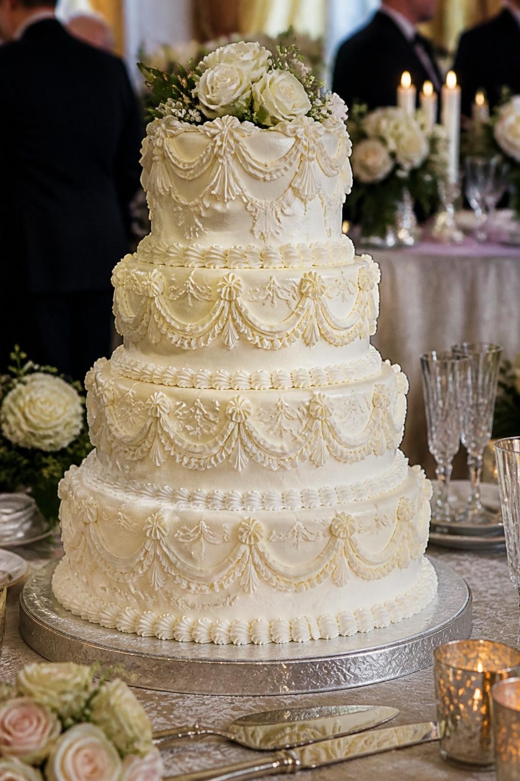 Image Prompt: Ultra-realistic wedding party photo of a vintage Lambeth-style wedding cake with ornate piped swags, shells, scrollwork, layered borders, and delicate icing details on multiple tiers. Set the cake on a decorated reception table with candles, roses, fine table linens, and classic wedding decor in the background. Keep the cake as the main focus with soft background blur. No visible faces. If guests appear, show only side views in blur, back views, cropped torsos, or hands near the cake. Realistic piped icing texture, soft wedding lighting, DSLR editorial realism. (no watermarks on images)