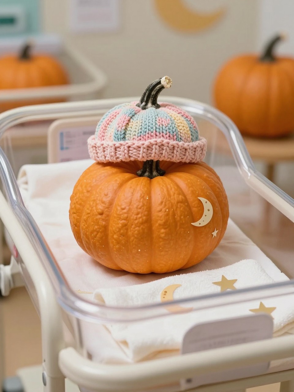 Image Prompt: A realistic DSLR photo of a small baby pumpkin styled with a tiny knitted pastel cap, soft hospital bassinet made from a small clear container, miniature blanket, gentle moon and star cutouts, warm soft lighting, clean healthcare display, tender and tasteful NICU-inspired pumpkin contest idea.