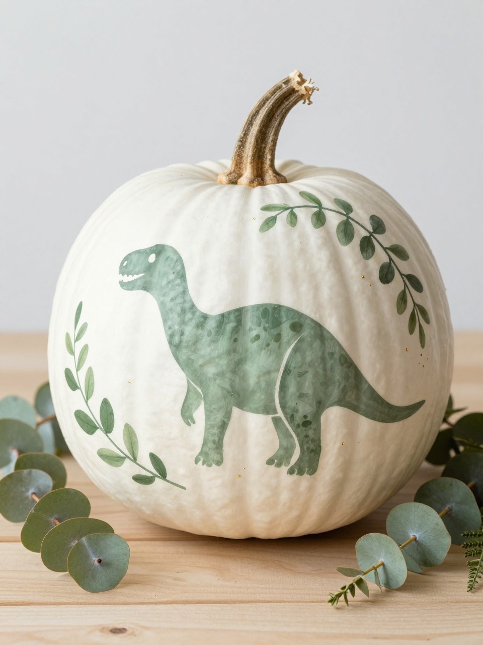 Image Prompt: A realistic DSLR photo of a white pumpkin decorated with a soft sage green brontosaurus silhouette, leafy vines painted around the sides, tiny gold dot accents, eucalyptus stems, dried ferns, and a light wood table, bright natural daylight, elegant botanical dinosaur pumpkin craft styling.