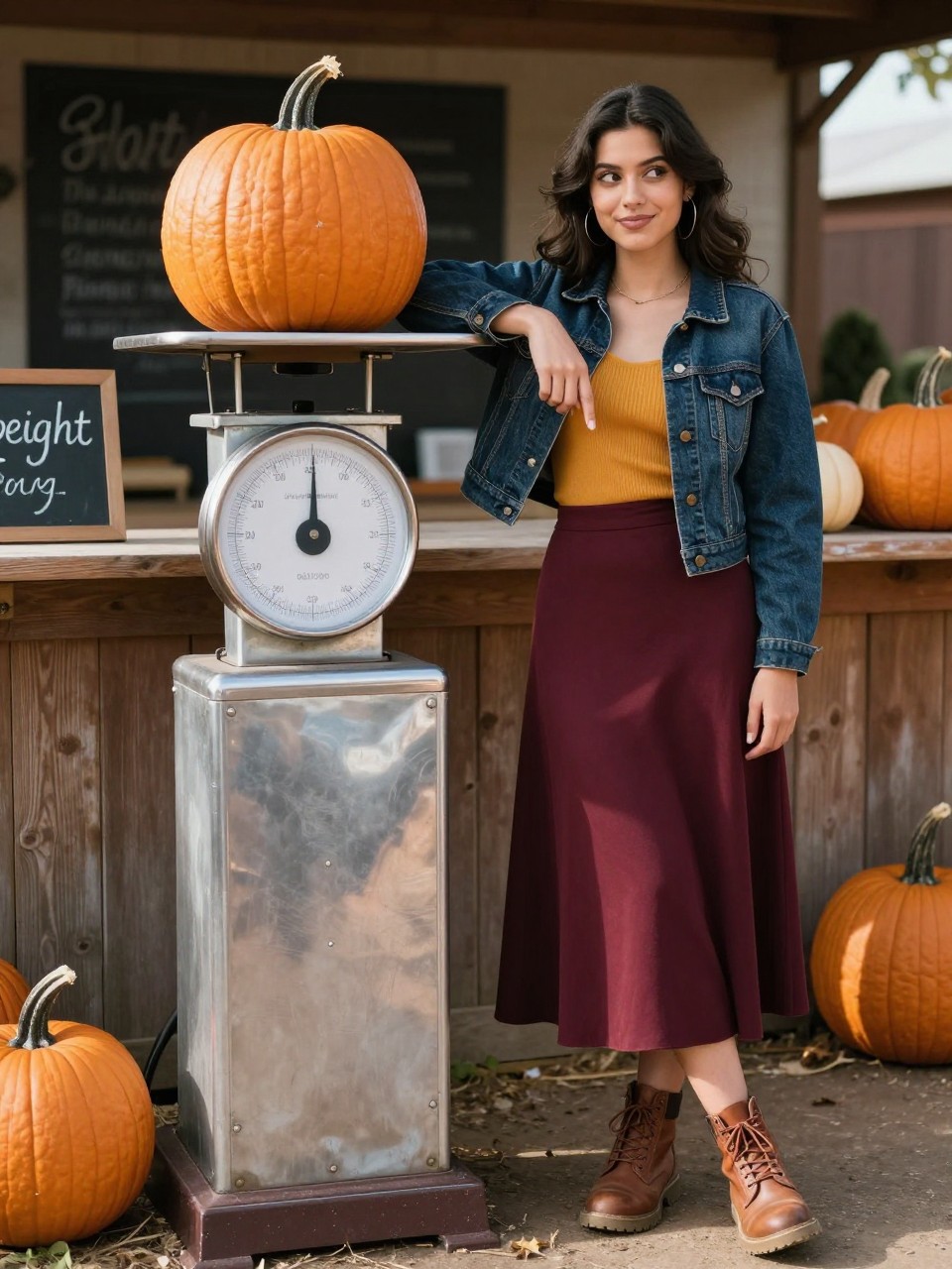 Image Prompt: A realistic editorial lifestyle photograph of a young Latina woman standing beside an old metal farm scale with a large pumpkin resting on top. She wears a cropped dark denim jacket, a fitted mustard knit top, a long burgundy skirt, and brown lace-up boots. One elbow rests lightly near the scale while her other hand points toward the dial with a playful expression. A chalkboard weight sign, wooden counter, and rows of pumpkins appear behind her. Late-afternoon sunlight, natural olive skin tone, realistic metal reflections, visible fabric and pumpkin texture, polished but lighthearted fall photography.