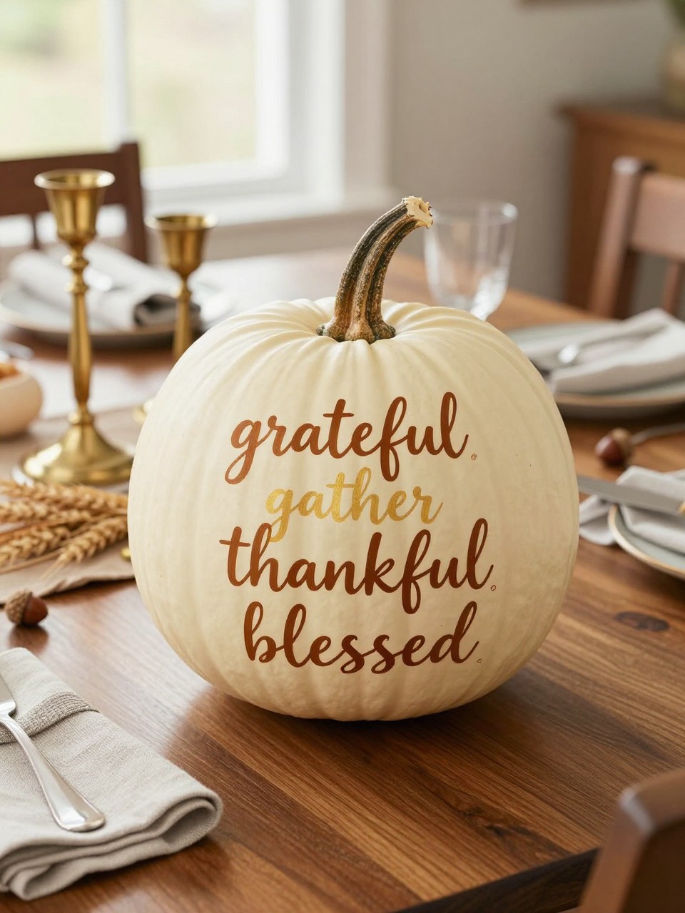 Image Prompt: A realistic DSLR photo of a cream pumpkin decorated with elegant handwritten Thanksgiving words like "grateful," "gather," "thankful," and "blessed" in warm brown and soft gold ink, styled on a wooden dining table with linen napkins, brass candlesticks, dried wheat, small acorns, and warm natural window light, cozy polished Thanksgiving home decor photography.