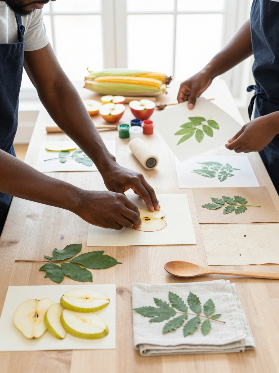 Image Prompt: A large craft table prepared for botanical printing, halved apples, pear slices, leaves, seed heads, corn husks, fabric squares, heavyweight paper, washable paint, foam rollers, and wooden spoons arranged neatly, a Black man wearing a dark apron pressing an apple shape onto a cream napkin while his partner lifts a leaf print from paper, visible paint marks and imperfect edges, bright diffused window light, close editorial DSLR craft photography, no text.