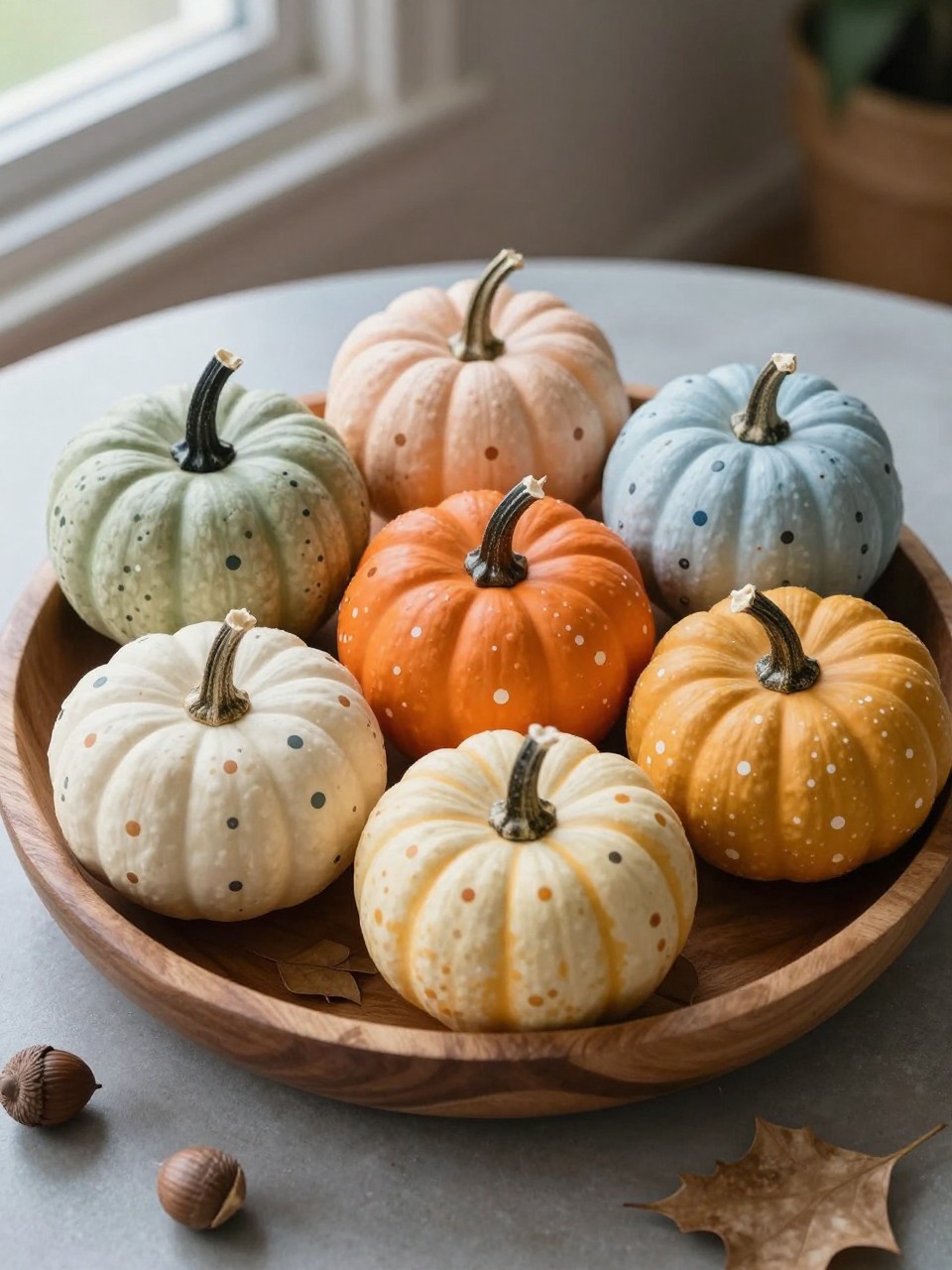 Horizontal 16:9 casual iPhone photo of six real mini pumpkins painted in warm cream, dusty blush, sage green, muted orange, pale blue, and mustard, each covered with small contrasting polka dots, arranged inside a shallow wooden bowl with dried leaves and acorns on a coffee table, soft afternoon window light, slightly varied handmade dots, realistic home setting, no text.