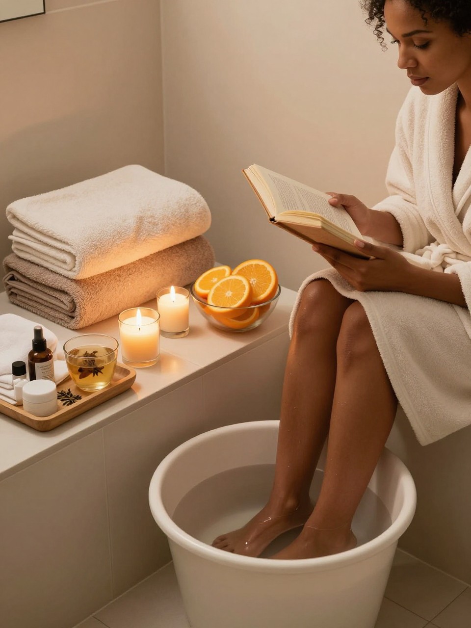 Image Prompt: A peaceful bathroom and bedroom corner prepared for a home autumn spa evening, folded towels, warm foot soak, bowl of sliced oranges, unscented candles inside glass holders, herbal tea, soft robes, face towels, and a small tray of skincare products without visible branding, a woman with deep brown skin and natural hair wrapped in a towel soaking her feet while reading, warm low lighting, natural skin texture, calm editorial DSLR wellness photography, no text.