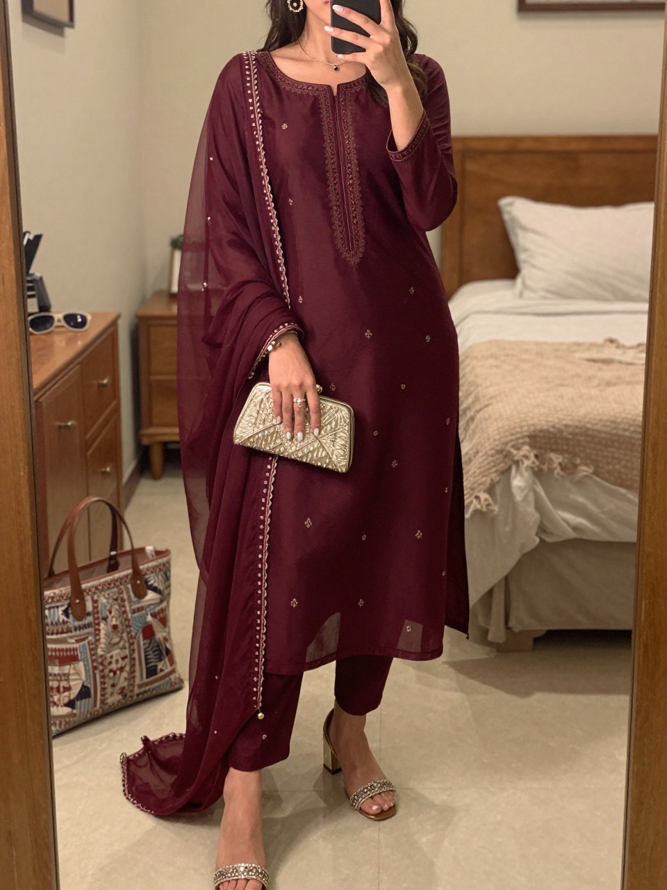 Image prompt
mirror selfie of a woman wearing a wine georgette sharara set with light embroidery, a fitted matching kurta top and sheer dupatta, embellished block heels, and a mirrorwork clutch, holding a phone in front of a mirror, cropped at NECK so face doesn't show, with a natural casual selfie pose, in a feminine-themed bedroom, warm moody lighting, including small lived-in details like a tote bag on the floor, sunglasses on a dresser, or soft bedding in the background, latest iPhone photo quality.
