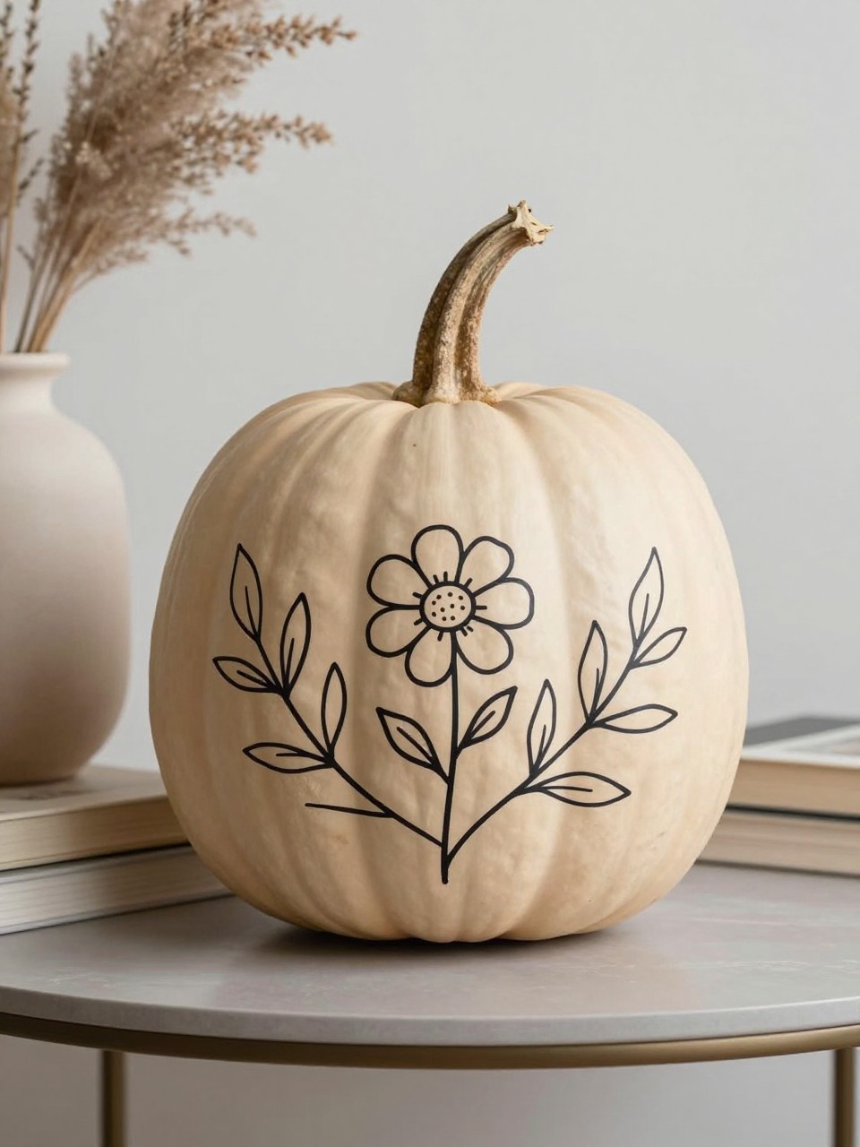 Horizontal 16:9 casual iPhone photograph of a matte beige real pumpkin painted with one thin black continuous-line drawing of a flower and leafy branch across the front, slightly uneven hand-painted lines, natural twisted stem, displayed on a modern side table beside neutral books, a stoneware vase, and dried grasses, soft diffused daylight, calm minimalist fall interior, no text.