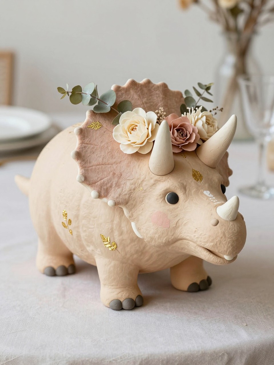 Image Prompt: A realistic DSLR photo of a pale beige pumpkin decorated as a classy triceratops, with small clay horns, soft painted face, felt frill detail, muted blush and cream flower crown, dried eucalyptus, gold leaf accents, and a neutral party table backdrop, soft natural light, elegant handmade dinosaur pumpkin design.