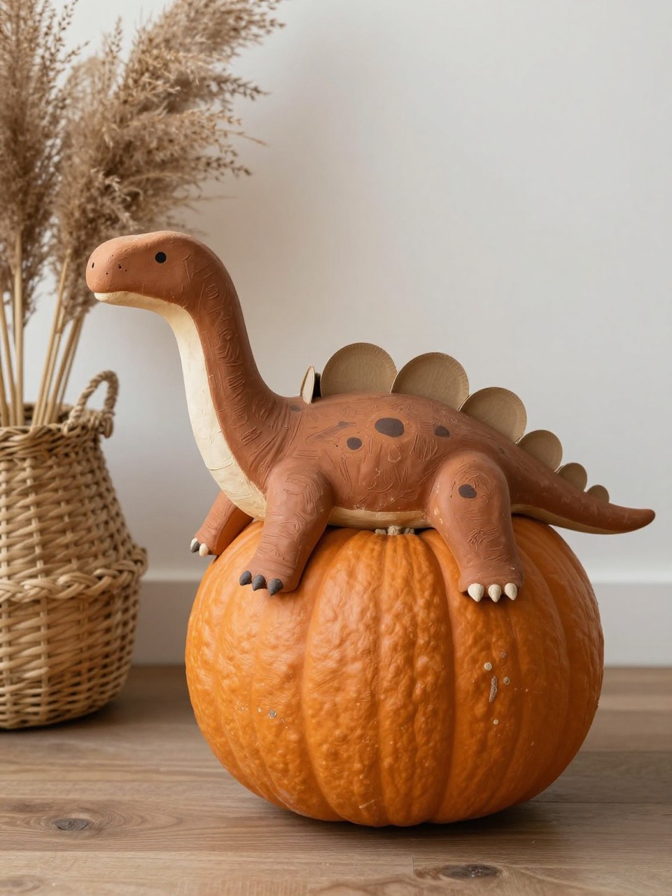 Image Prompt: A realistic DSLR photo of a terracotta-painted pumpkin decorated as a stegosaurus, with muted clay-colored body, soft cream painted face, small cardstock plates along the top ridge, tiny tail detail, dried pampas grass, woven basket, and warm natural light, stylish earthy dinosaur fall decor.