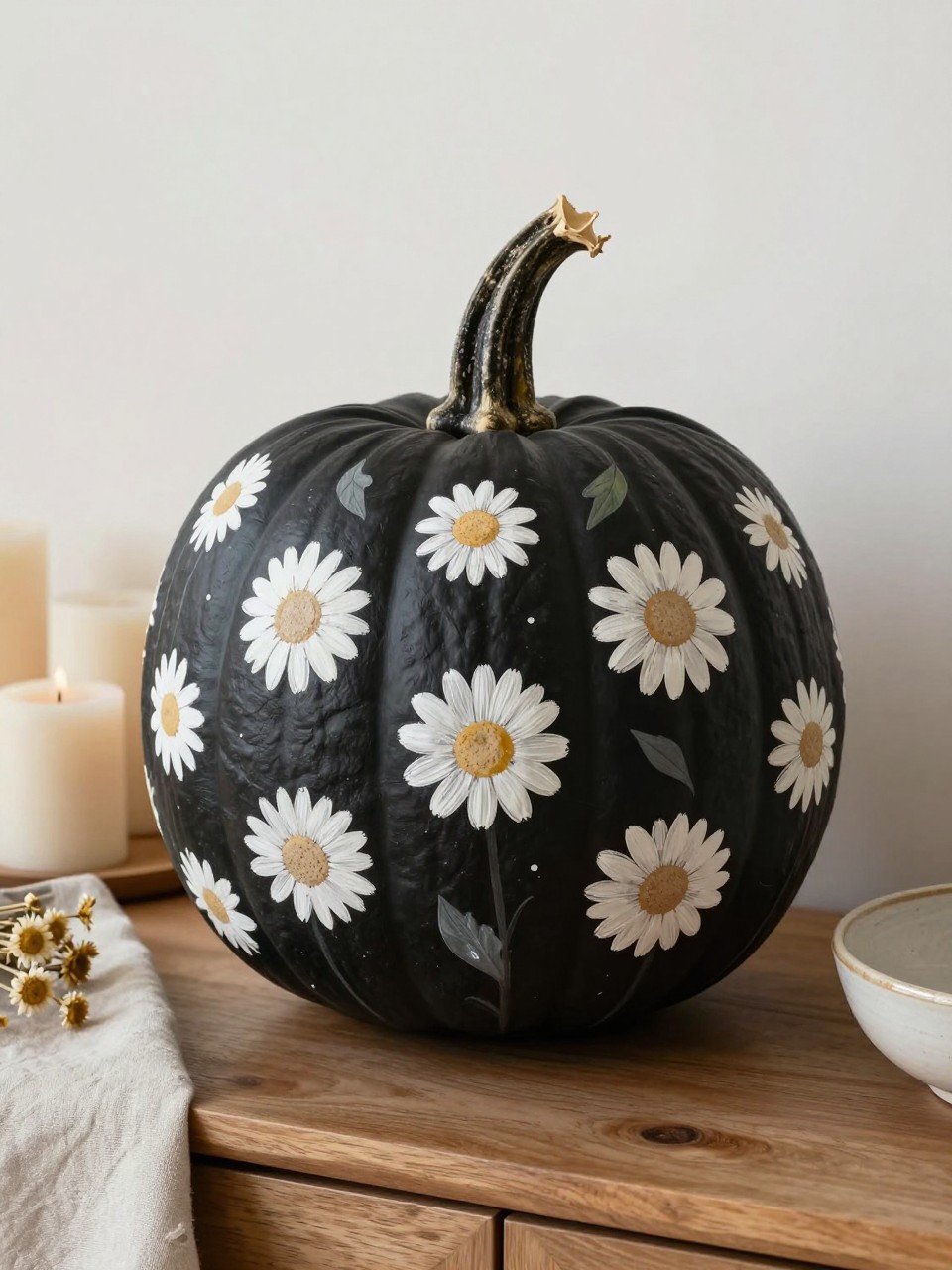 Horizontal 16:9 casual iPhone camera photo of a matte black real pumpkin hand-painted with scattered warm-white daisies, muted beige centers, and a few simple gray-green leaves, natural twisted stem, displayed on a dining room sideboard beside cream candles, folded linen, dried chamomile, and a ceramic bowl, soft late-afternoon light, slightly irregular petals, elegant realistic home decor, no text.