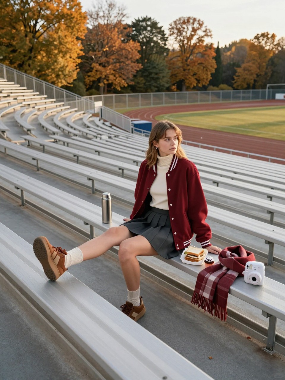 Image Prompt: A realistic wide-angle DSLR photograph of a young white woman sitting halfway up a set of clean outdoor stadium bleachers on a crisp fall morning. She wears a dark red varsity-style jacket over a fitted cream turtleneck, a pleated charcoal skirt, warm socks, and brown trainers. A thermos, paper-wrapped breakfast sandwich, small birthday cupcake, instant camera, and folded scarf sit beside her. She stretches one leg across the bench below while leaning back on both hands and looking toward the empty field. Amber trees rise beyond the stadium fence. Cool morning sunlight, realistic metal reflections, natural skin and fabric texture, uncluttered editorial styling.