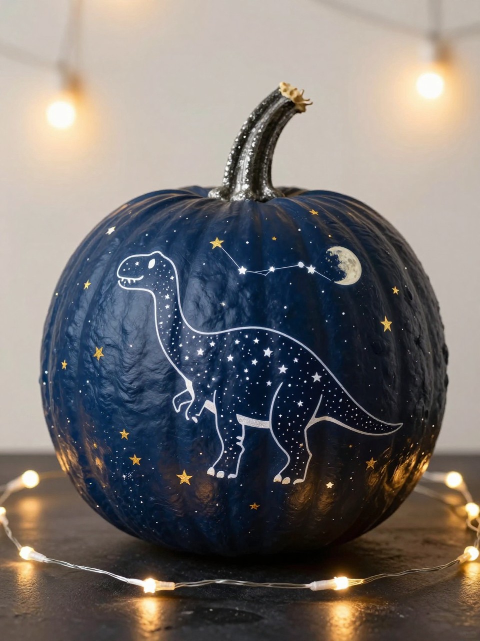 Image Prompt: A realistic DSLR photo of a navy blue pumpkin decorated with a dinosaur constellation design, thin white star lines forming a brontosaurus shape, tiny gold stars, moon details, silver stem, displayed on a dark table with fairy lights and soft glowing backdrop, magical classy dinosaur night-sky pumpkin decor.