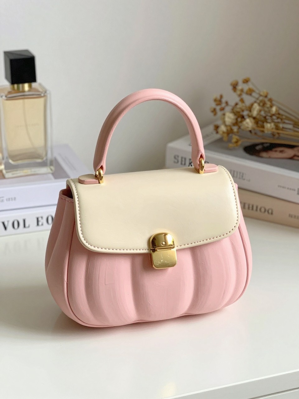 Horizontal 16:9 casual iPhone photograph of a small matte dusty-pink faux pumpkin painted to resemble a stylish mini handbag, warm-cream flap detail, soft-gold clasp, thin painted handle curving around the natural stem, subtle burgundy stitching lines, displayed on a dressing table beside perfume bottles, neutral books, and dried flowers, soft morning daylight, playful realistic handmade design, no brand logos, no text.